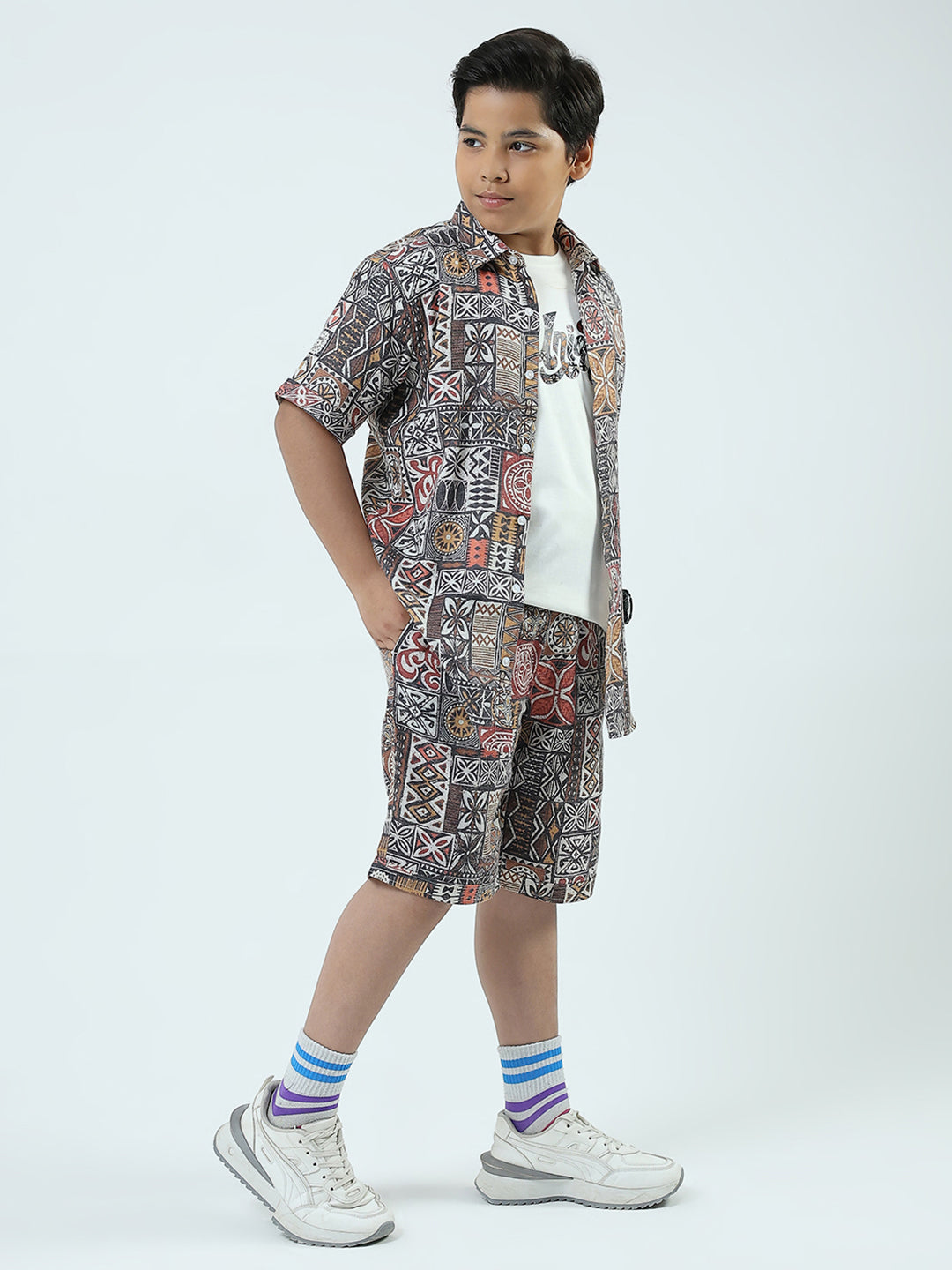 Boys Navy Blue Printed Collar Half Sleeve 3 Pcs Cords Set