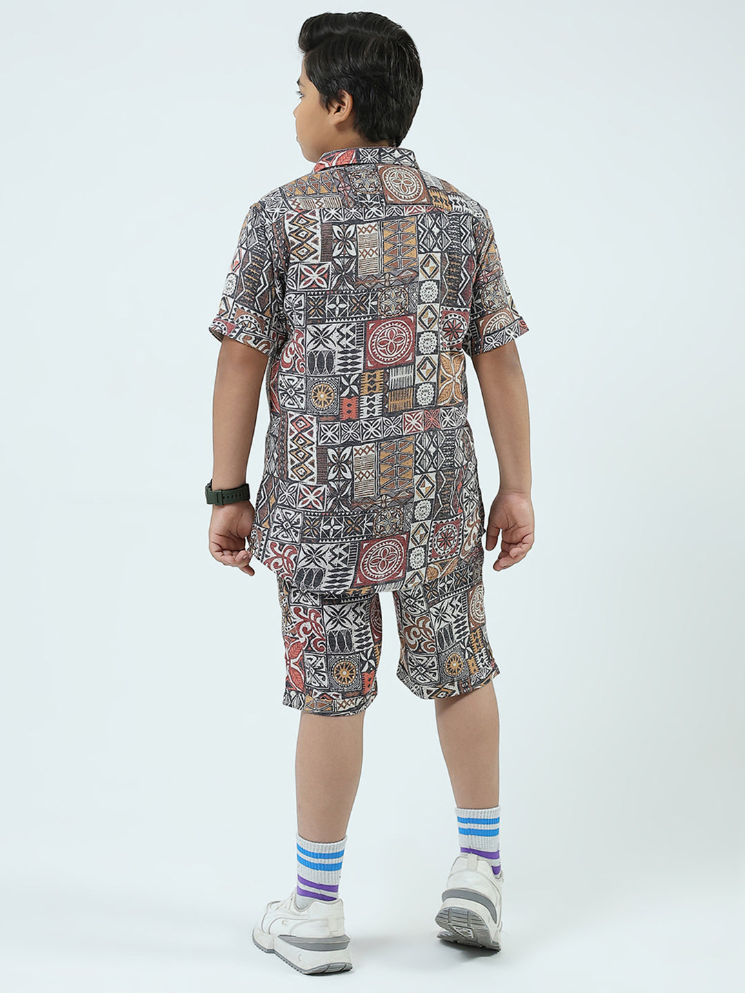 Boys Navy Blue Printed Collar Half Sleeve 3 Pcs Cords Set