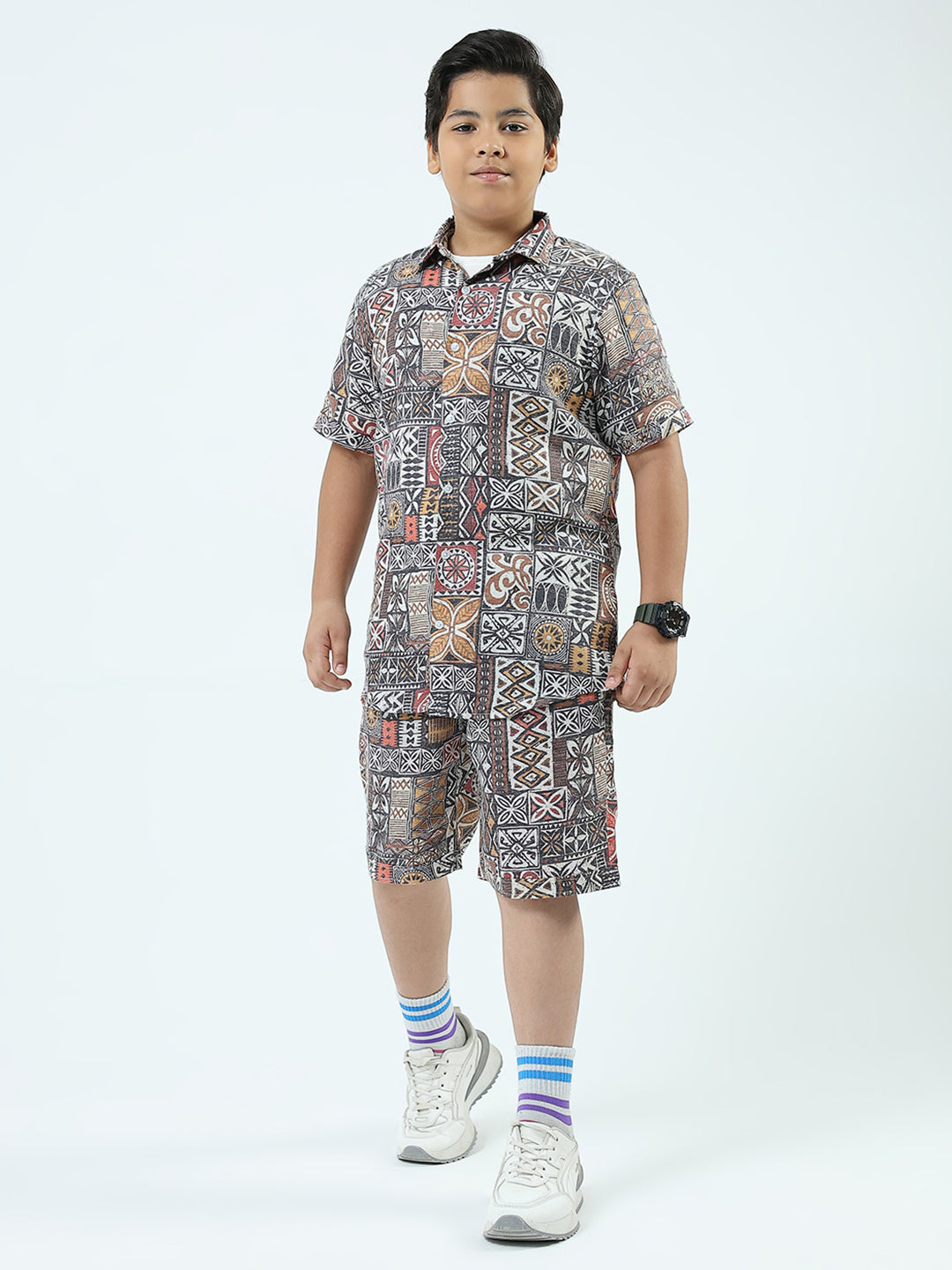 Boys Navy Blue Printed Collar Half Sleeve 3 Pcs Cords Set