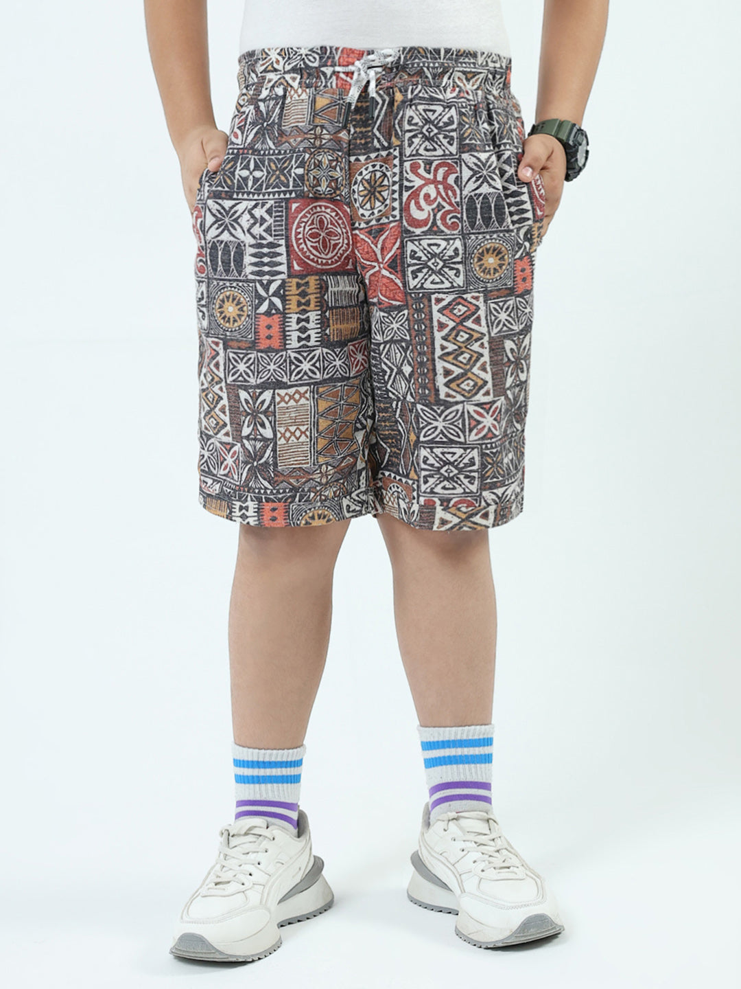 Boys Navy Blue Printed Collar Half Sleeve 3 Pcs Cords Set