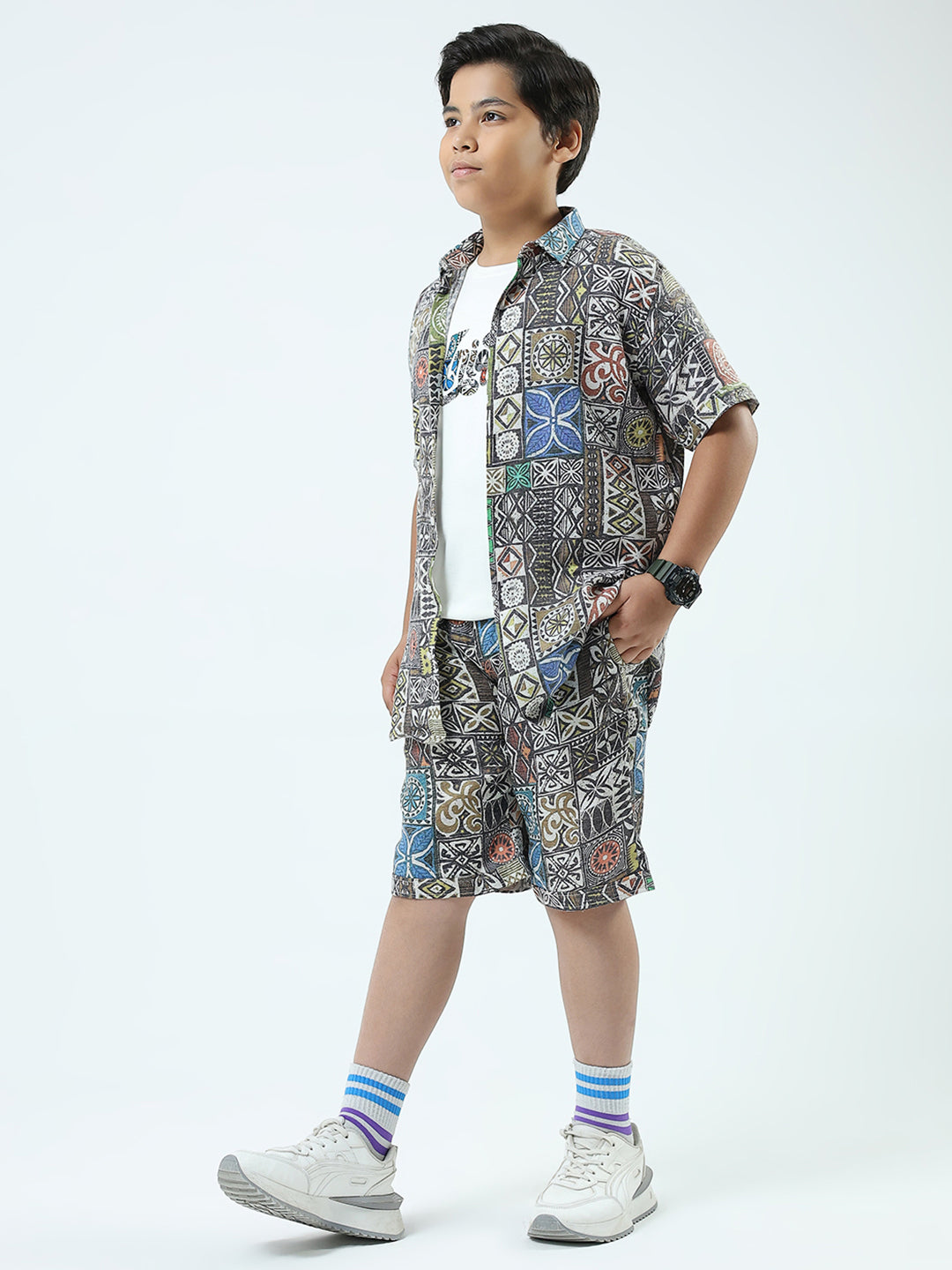 Boys Blue Printed Collar Half Sleeve 3 Pcs Cords Set
