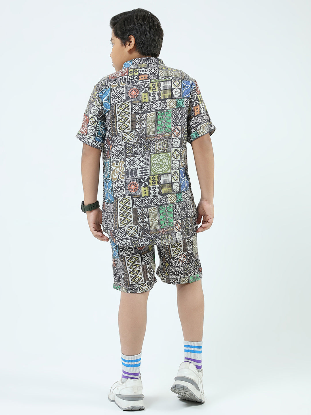 Boys Blue Printed Collar Half Sleeve 3 Pcs Cords Set