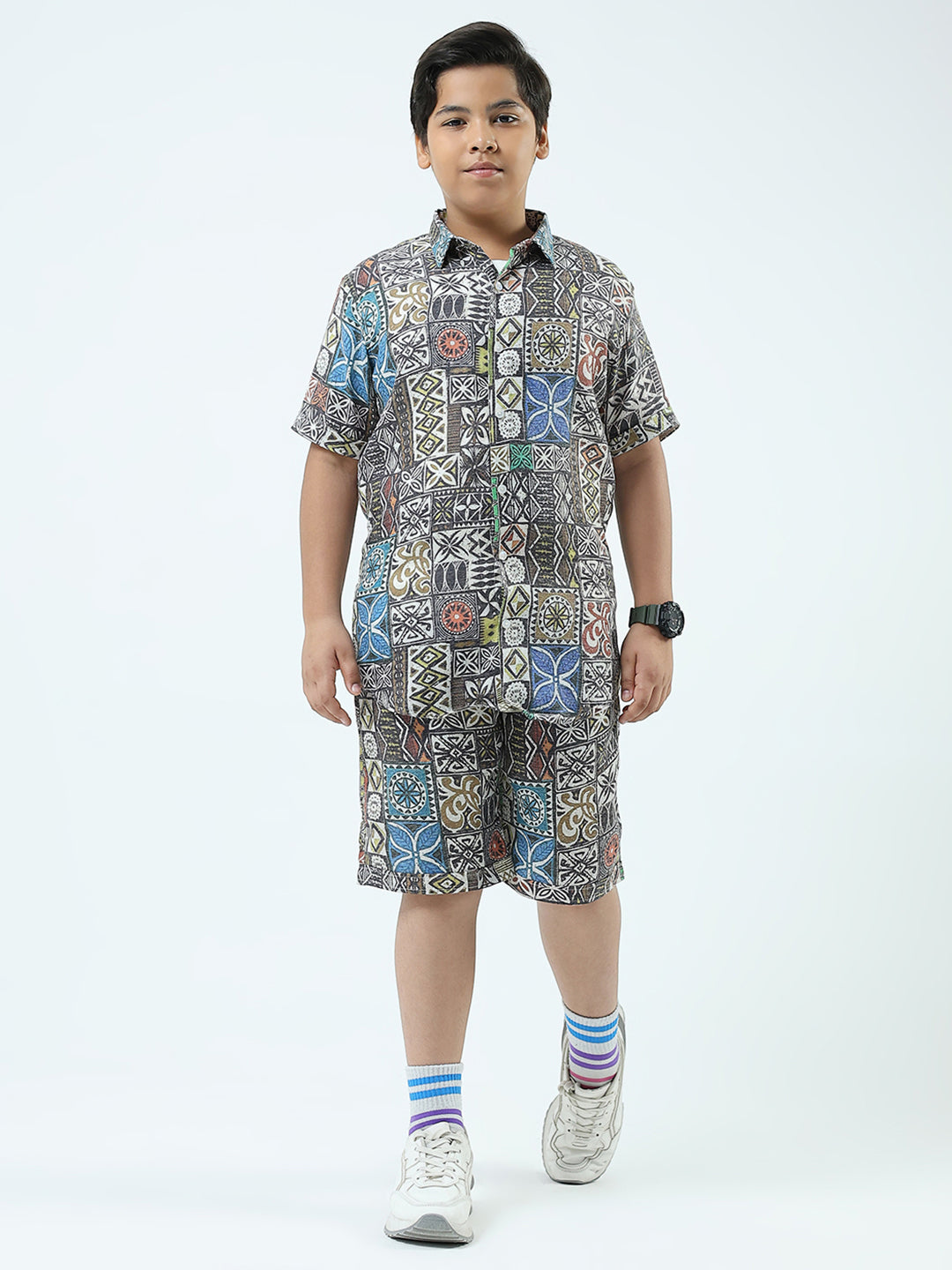 Boys Blue Printed Collar Half Sleeve 3 Pcs Cords Set