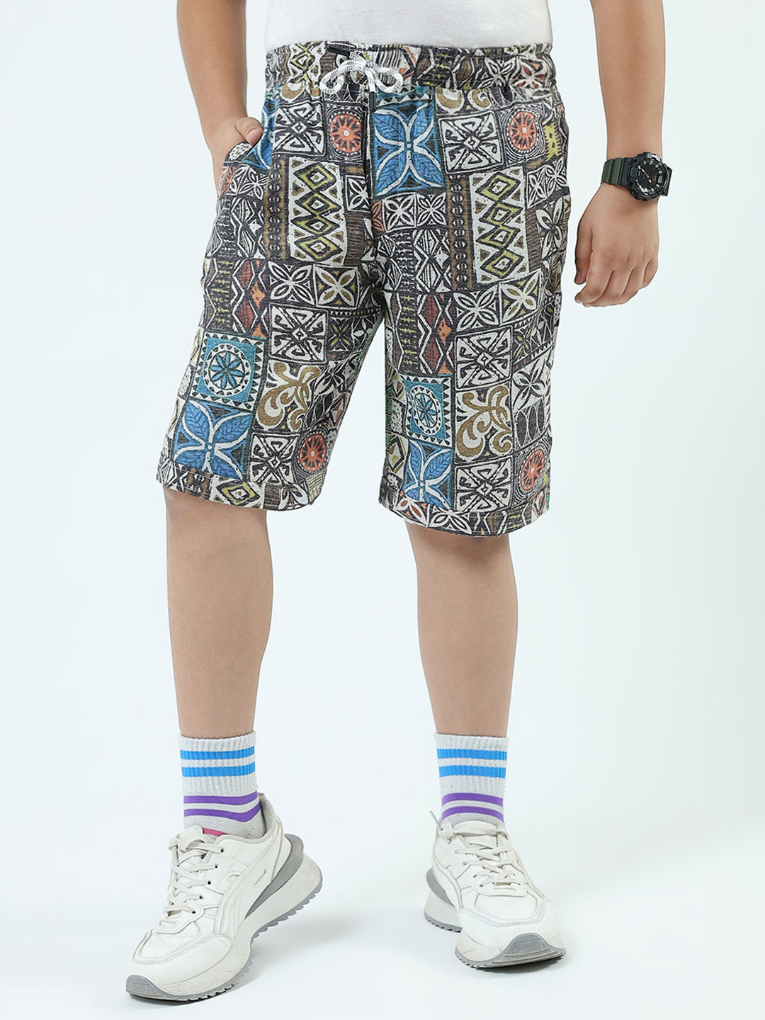 Boys Blue Printed Collar Half Sleeve 3 Pcs Cords Set