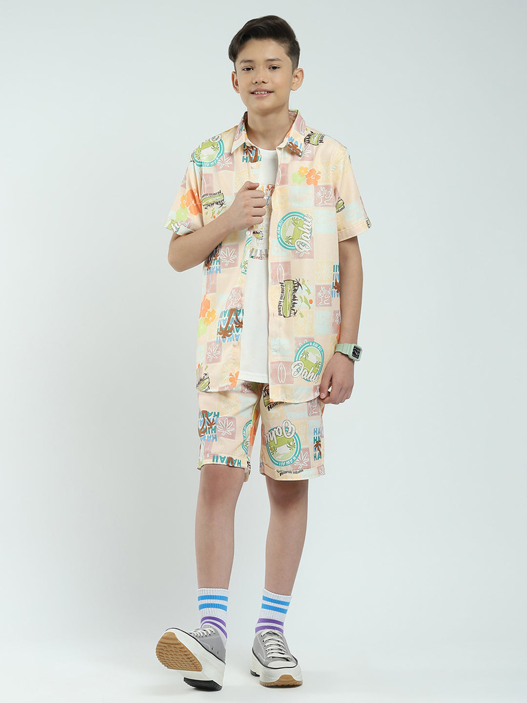 Boys Peach Printed Collar Half Sleeve Cords Set
