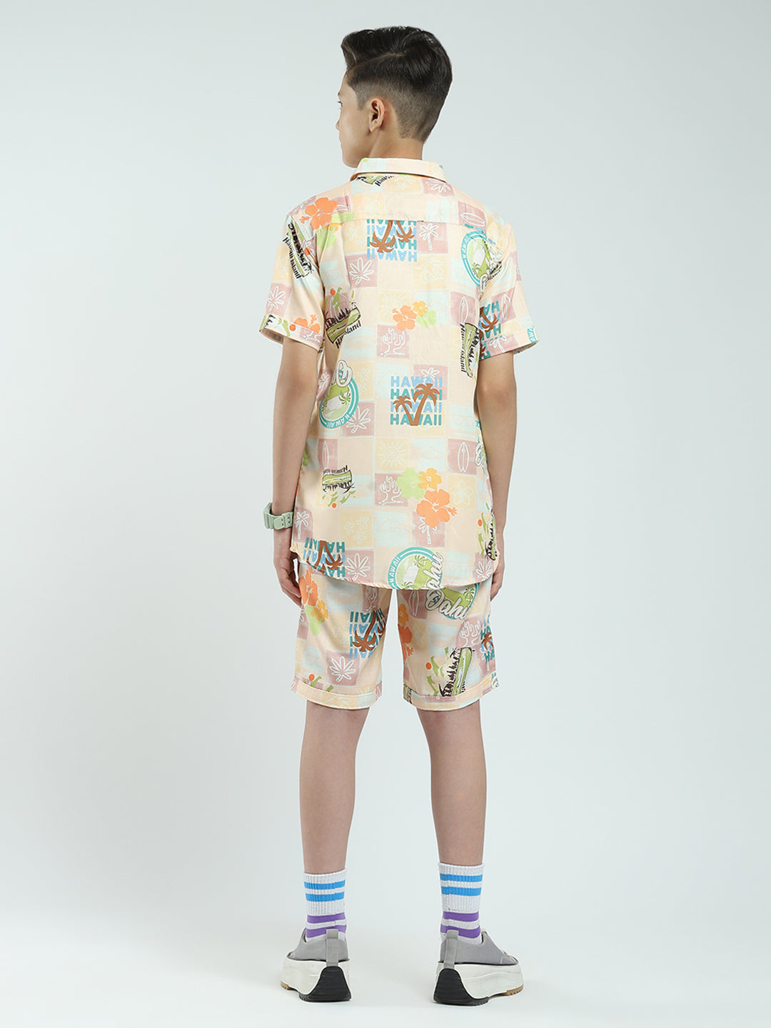 Boys Peach Printed Collar Half Sleeve Cords Set