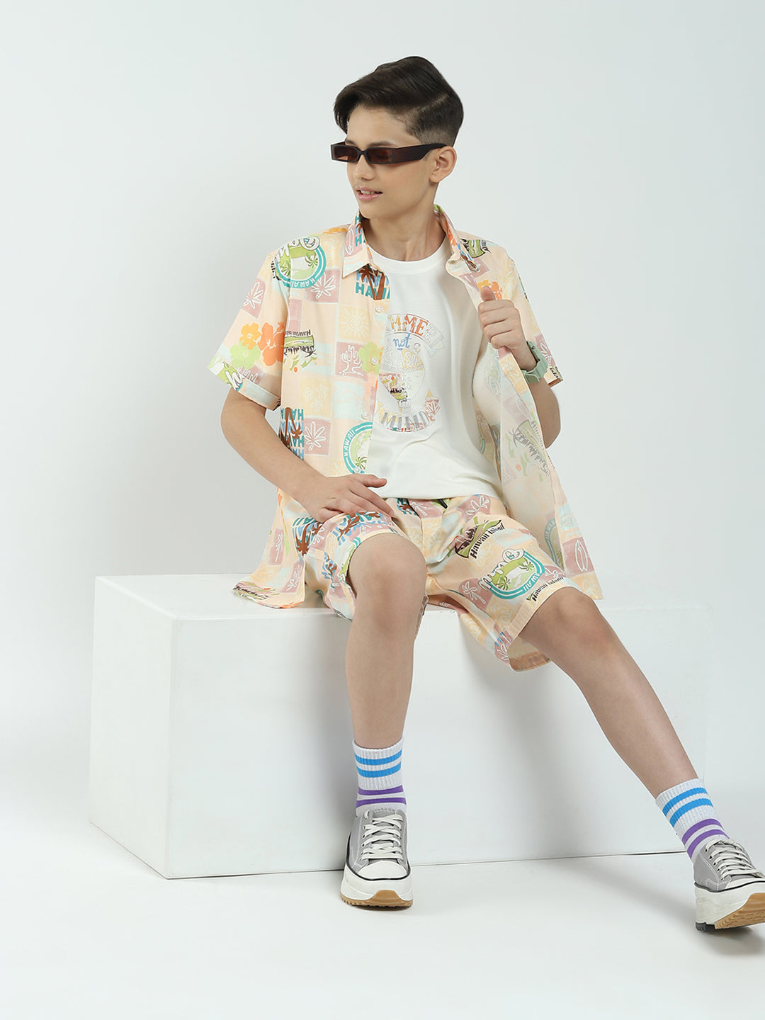 Boys Peach Printed Collar Half Sleeve Cords Set