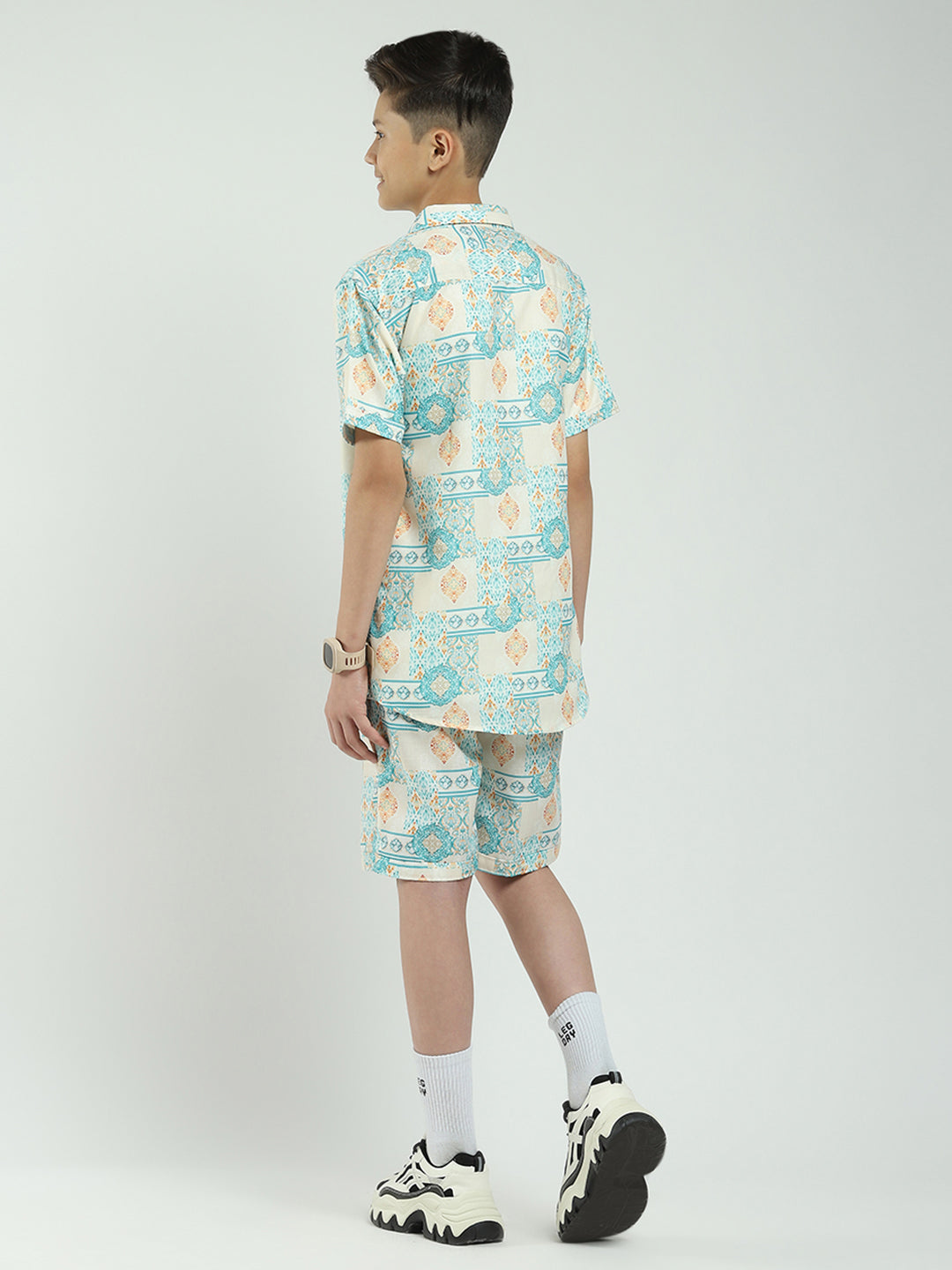 Boys Green Printed Collar Half Sleeve Cords Set