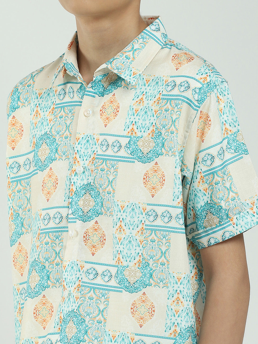 Boys Green Printed Collar Half Sleeve Cords Set