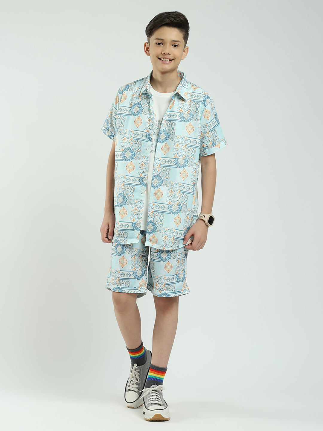 Boys Blue Printed Collar Half Sleeve Cords Set