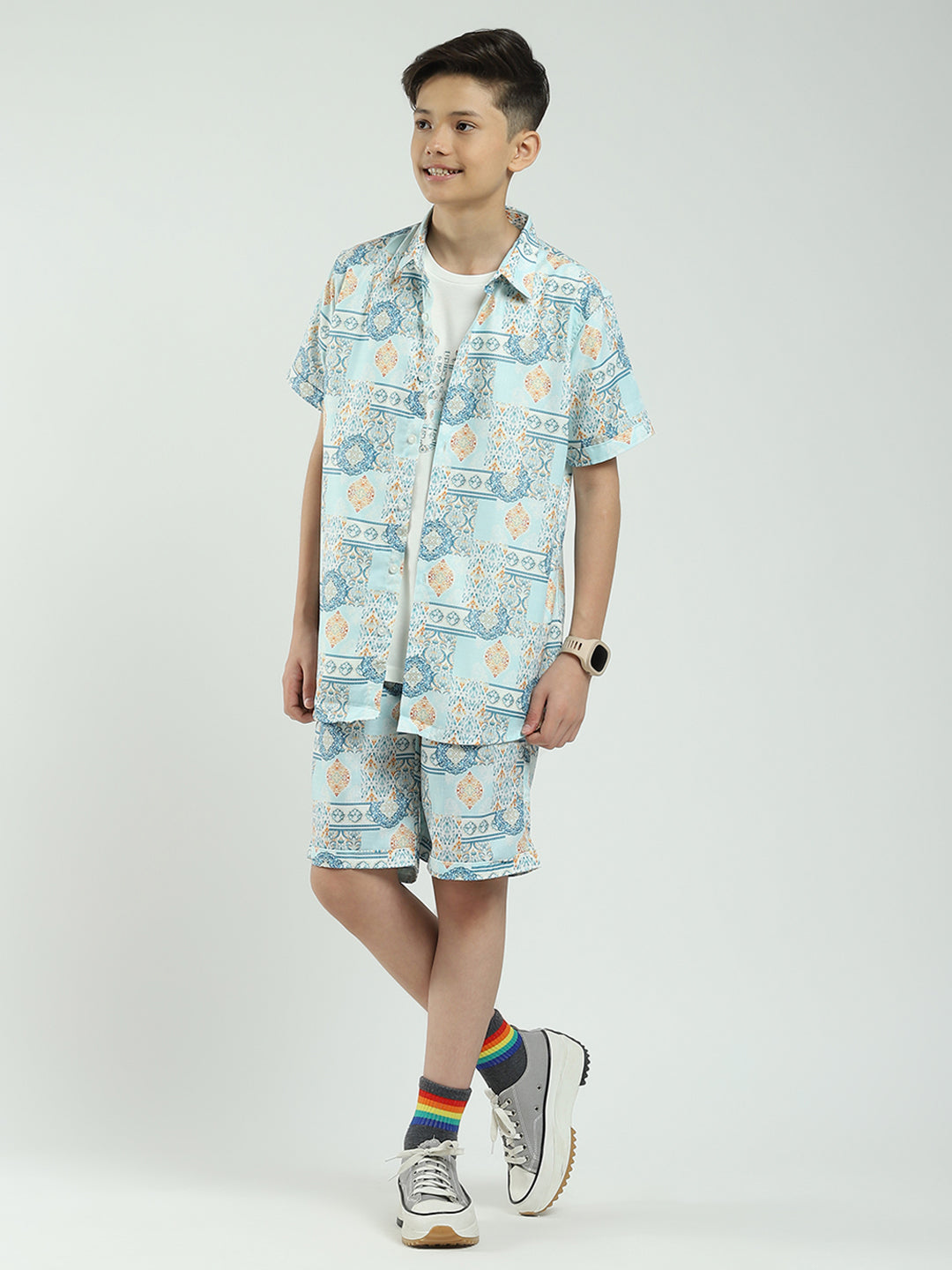 Boys Blue Printed Collar Half Sleeve Cords Set