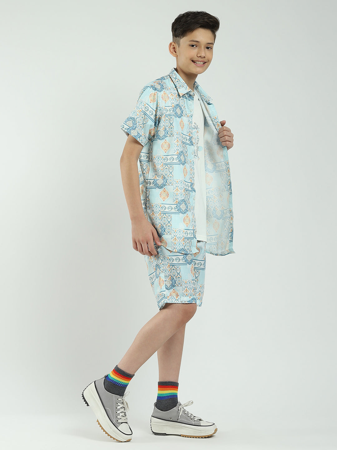 Boys Blue Printed Collar Half Sleeve Cords Set