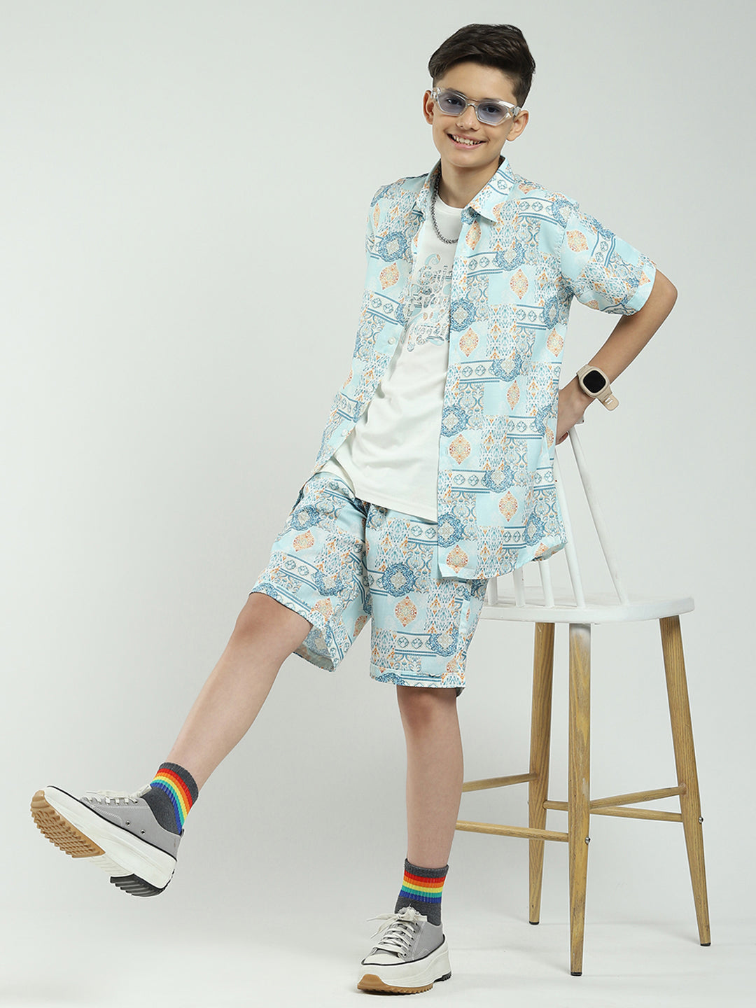 Boys Blue Printed Collar Half Sleeve Cords Set