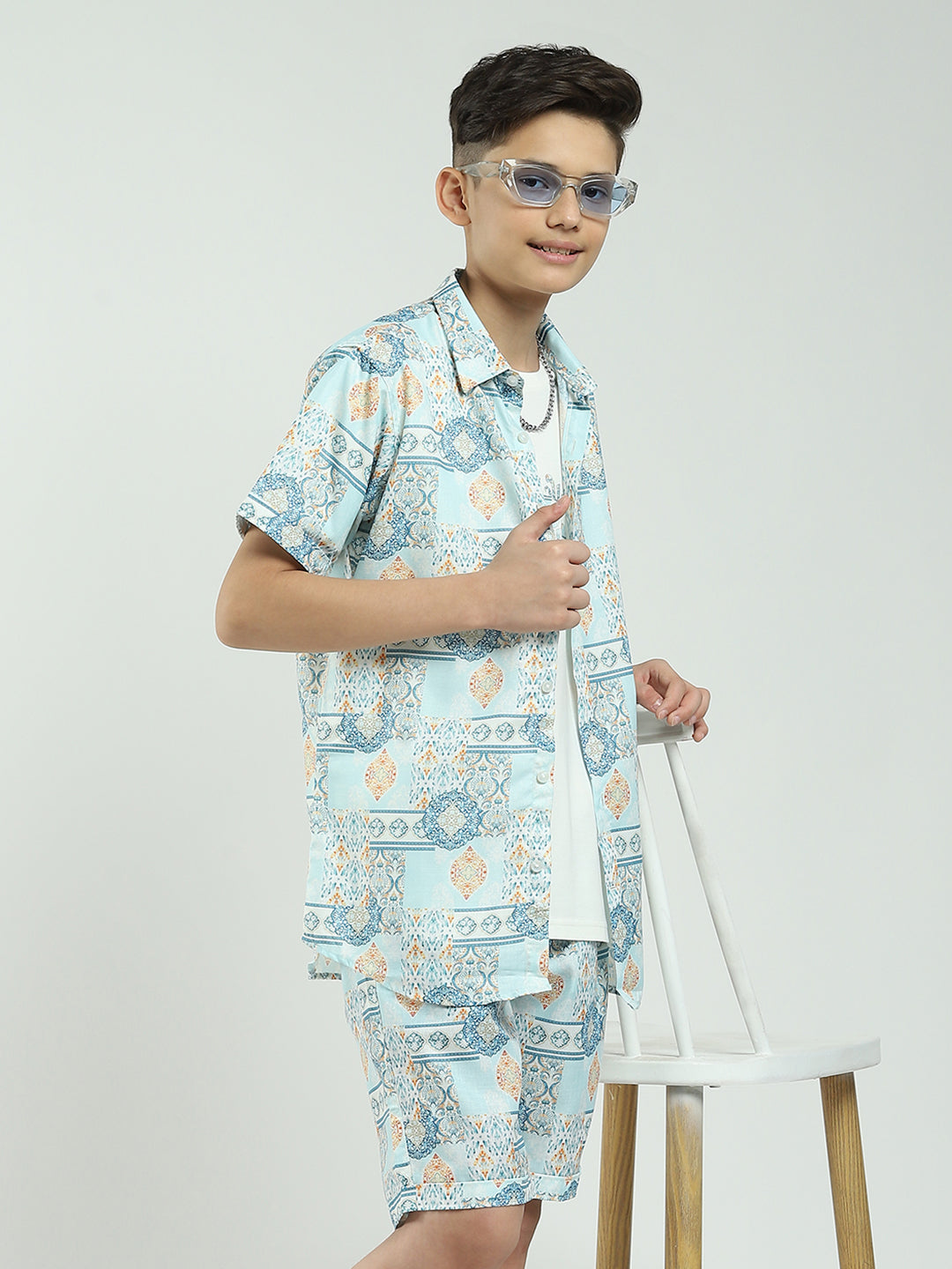 Boys Blue Printed Collar Half Sleeve Cords Set