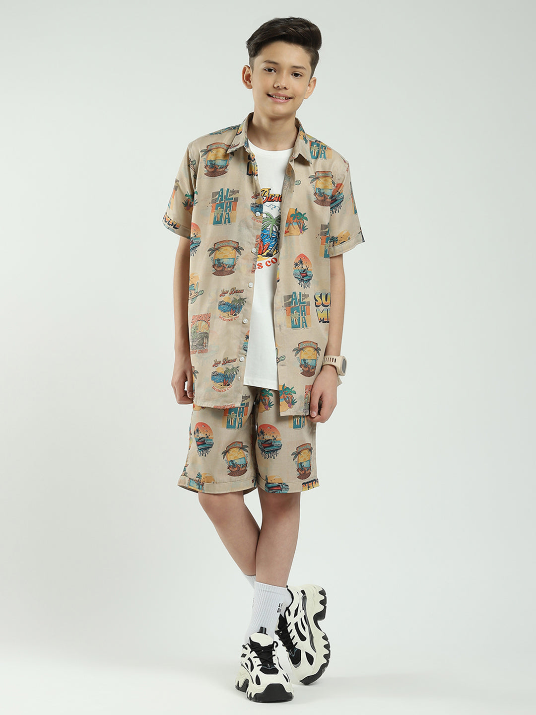 Boys Beige Printed Collar Half Sleeve Cords Set