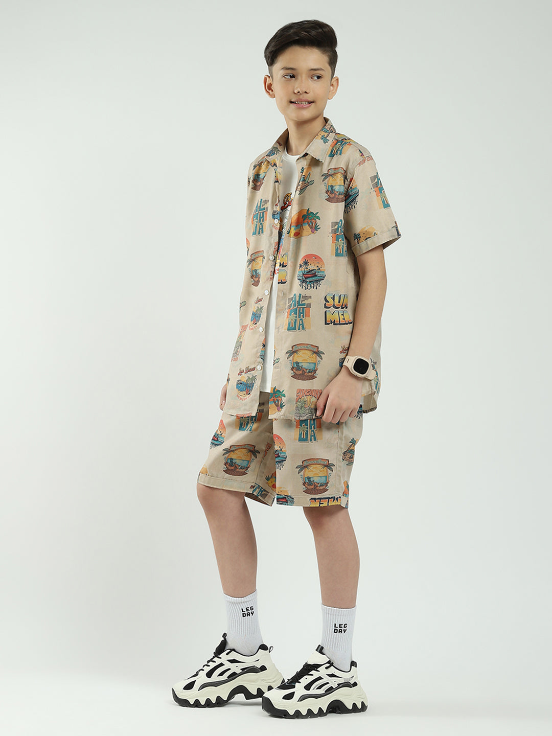 Boys Beige Printed Collar Half Sleeve Cords Set