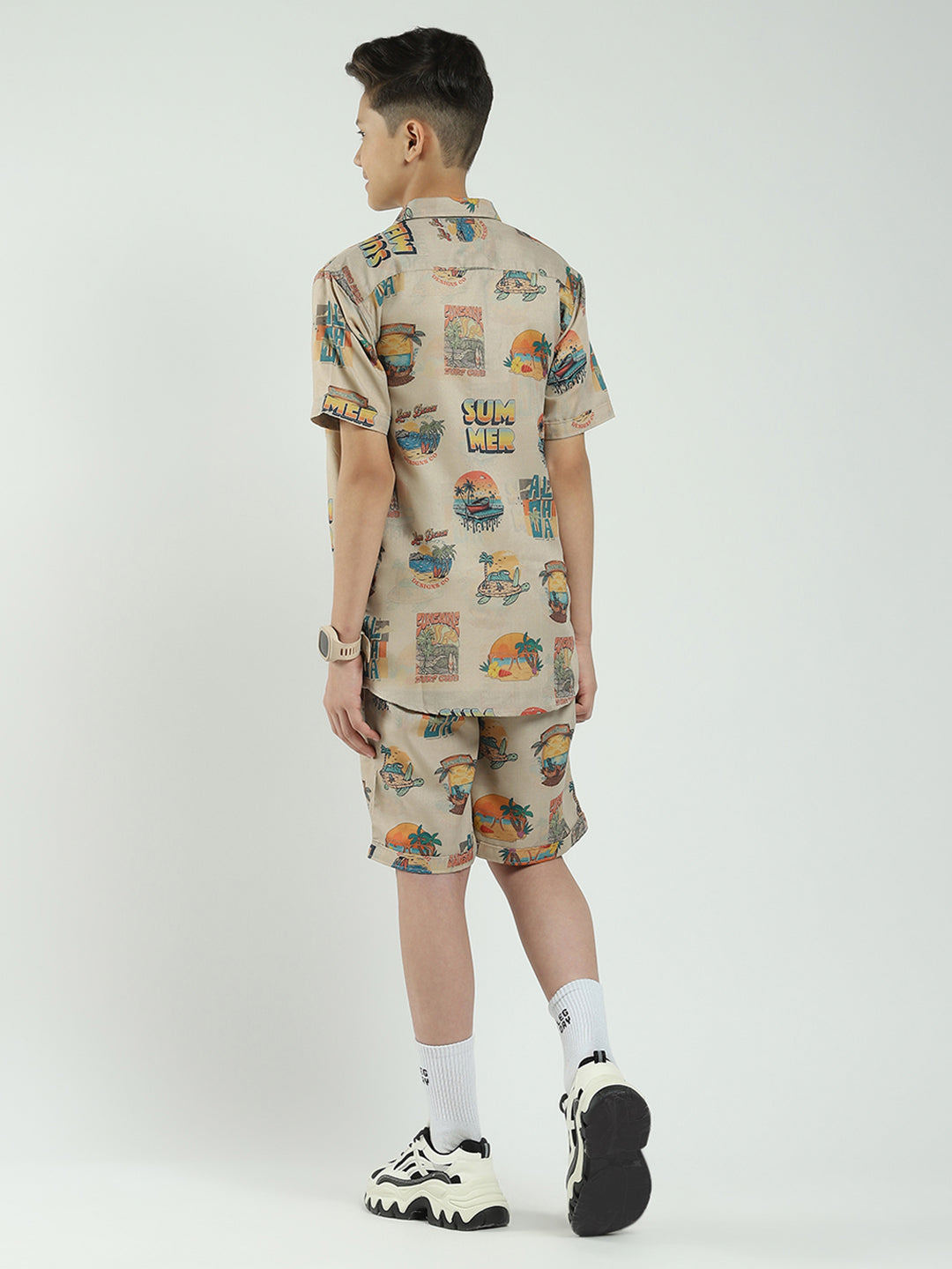 Boys Beige Printed Collar Half Sleeve Cords Set