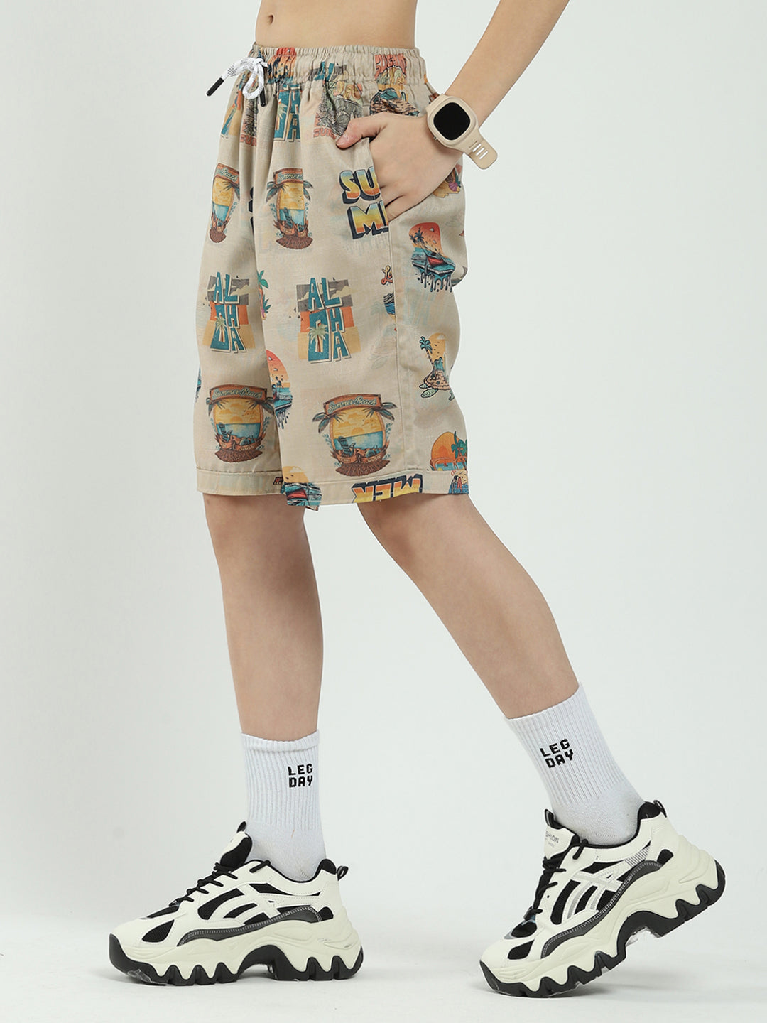 Boys Beige Printed Collar Half Sleeve Cords Set