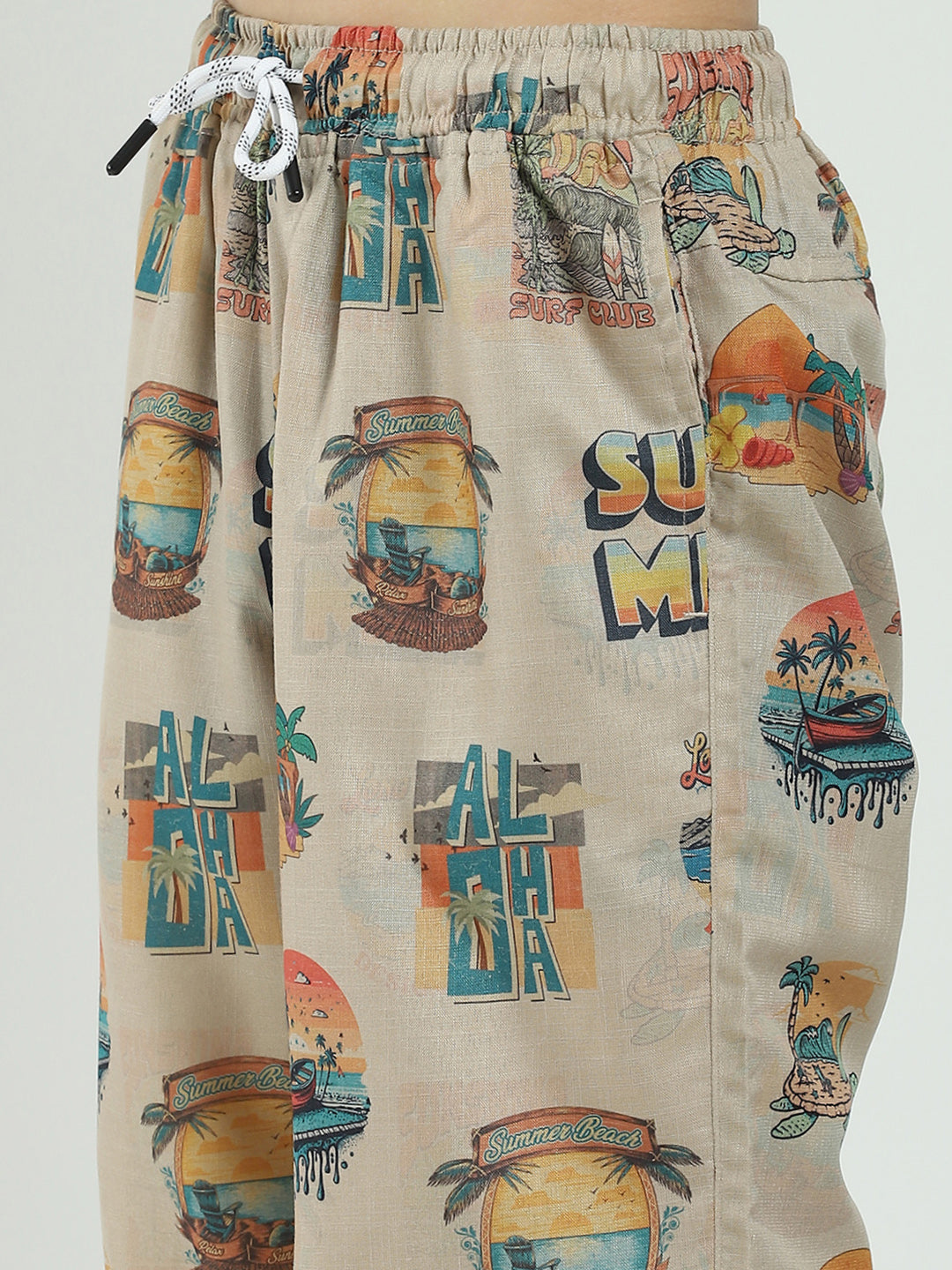 Boys Beige Printed Collar Half Sleeve Cords Set