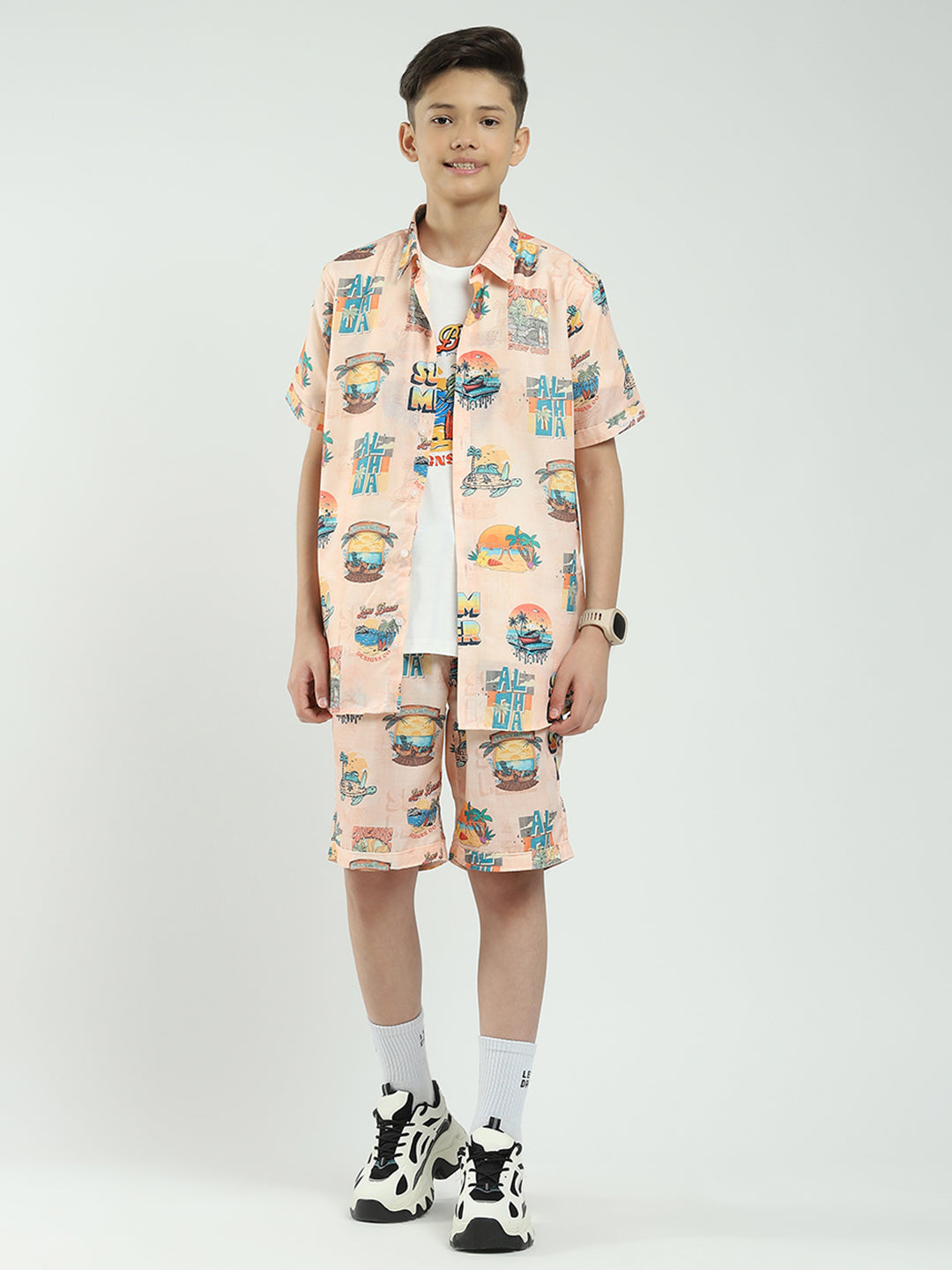 Boys Peach Printed Collar Half Sleeve Cords Set