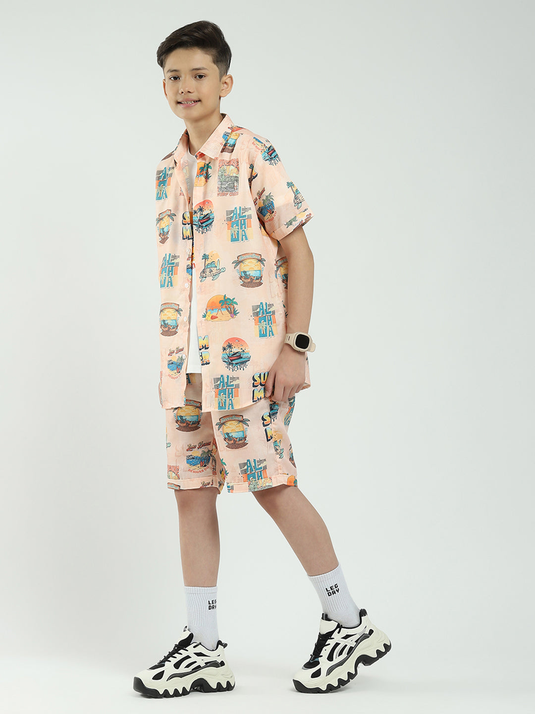 Boys Peach Printed Collar Half Sleeve Cords Set