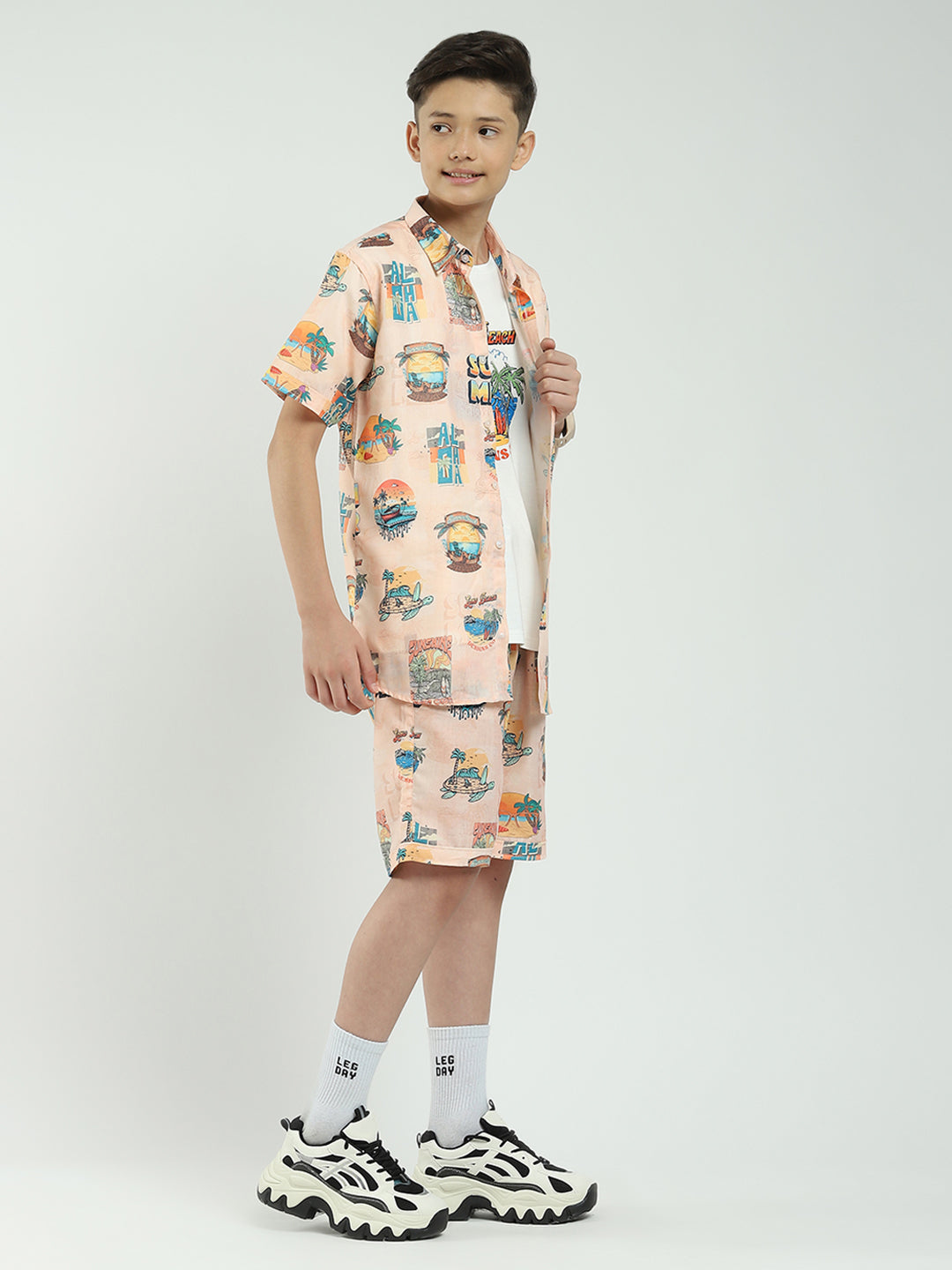 Boys Peach Printed Collar Half Sleeve Cords Set