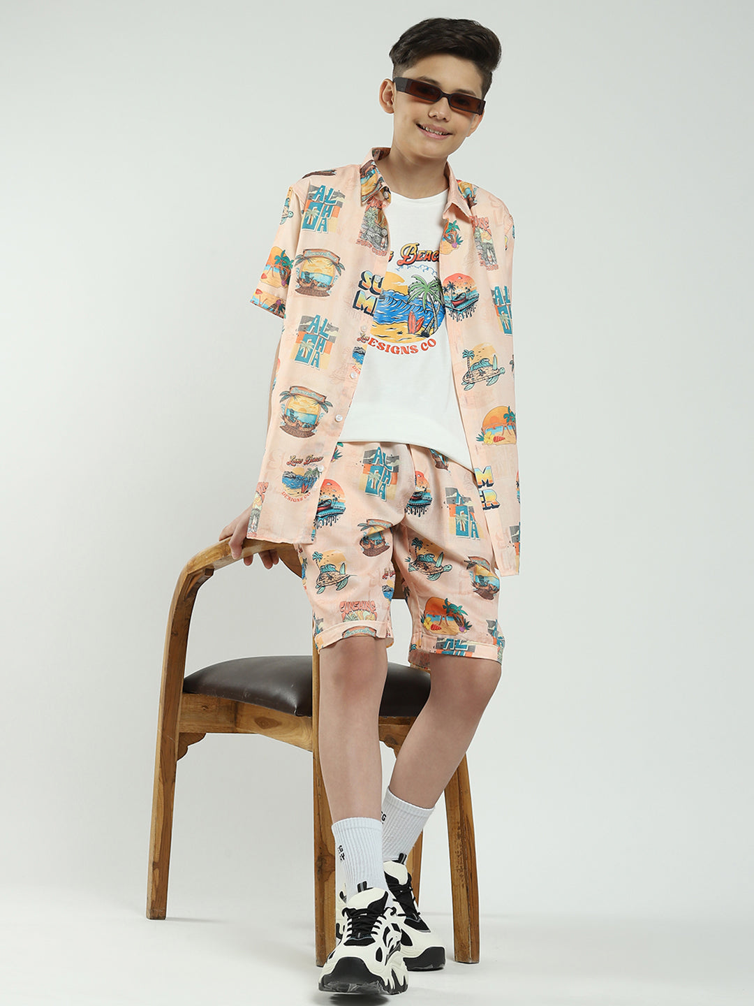 Boys Peach Printed Collar Half Sleeve Cords Set