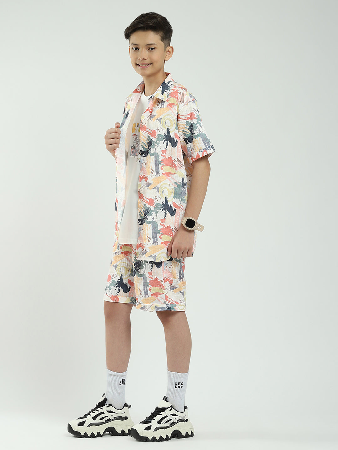 Boys Pink Printed Collar Half Sleeve Cords Set