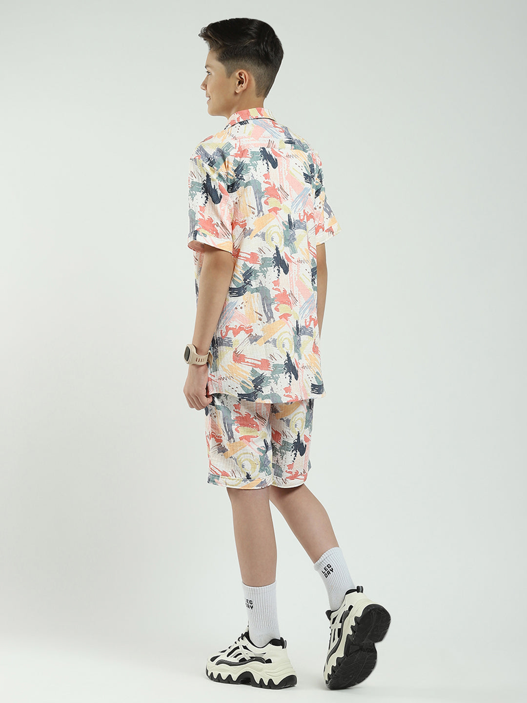 Boys Pink Printed Collar Half Sleeve Cords Set
