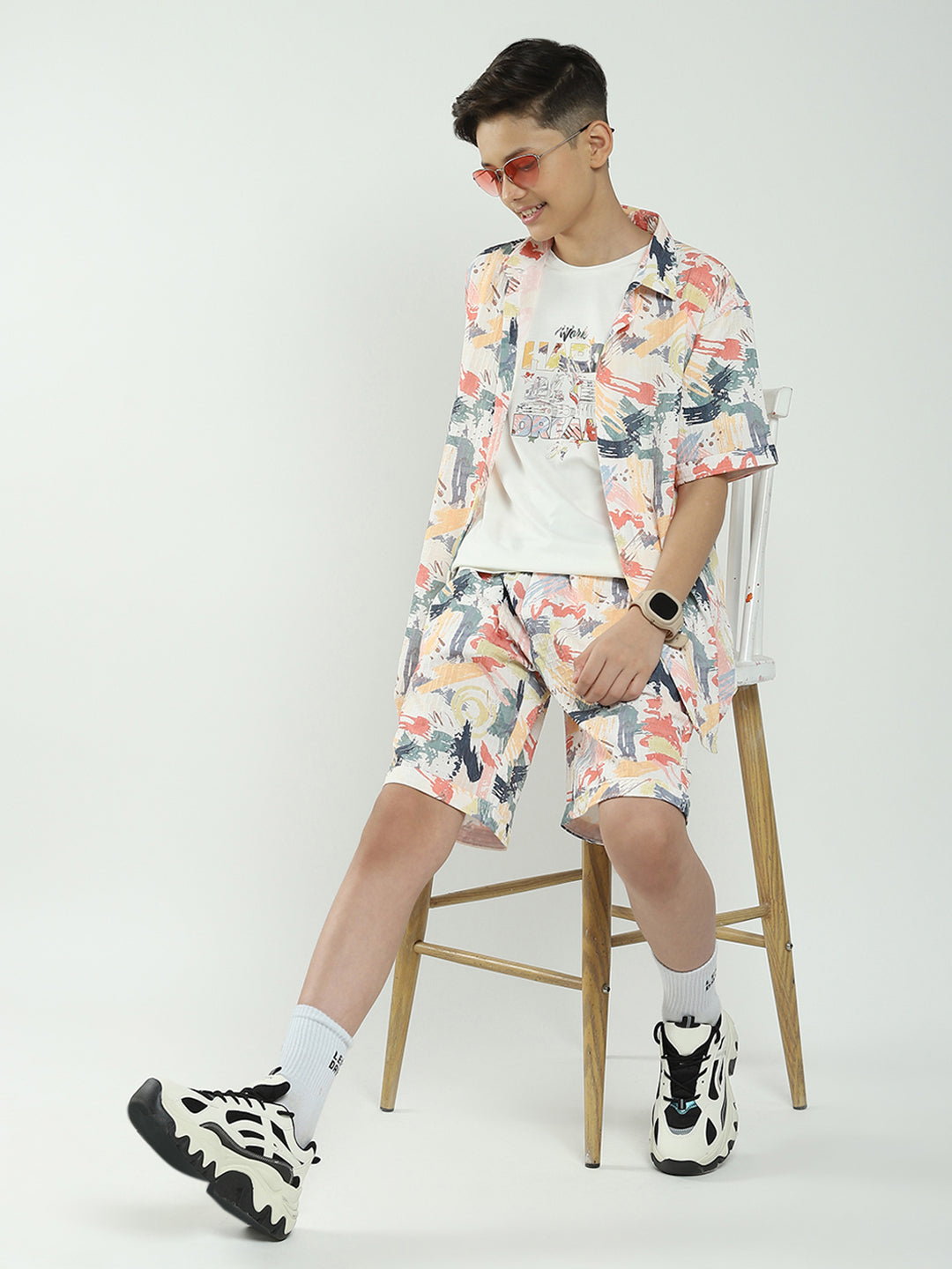 Boys Pink Printed Collar Half Sleeve Cords Set