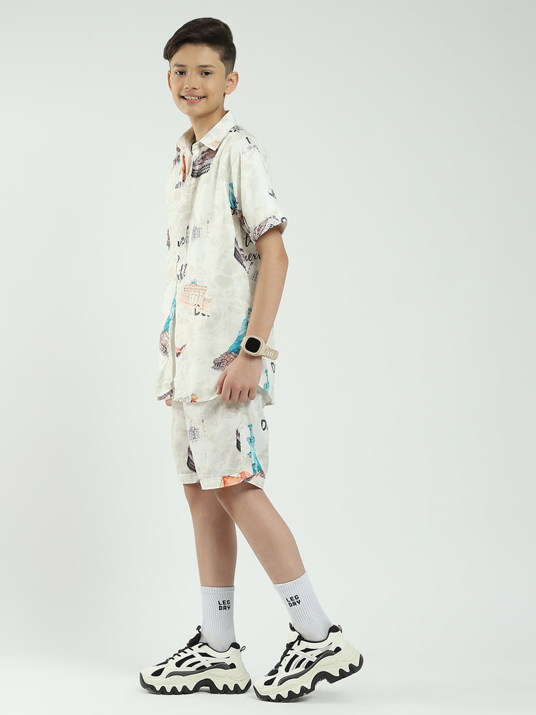 Boys Beige Printed Collar Half Sleeve Cords Set