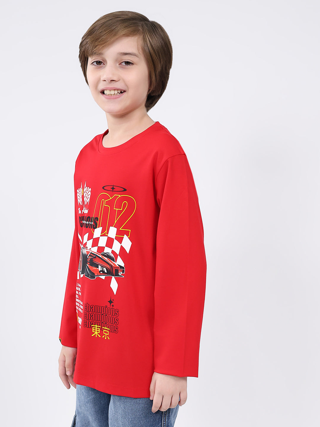 Boys Red Printed Round Neck Full Sleeve Winter T-Shirt