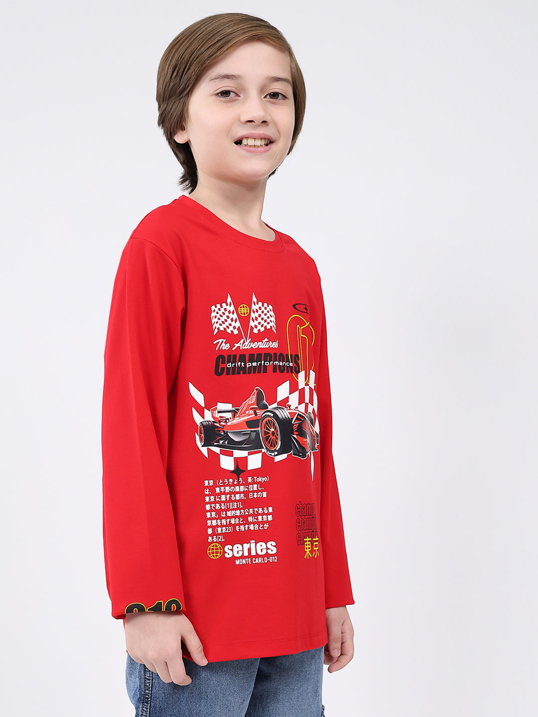 Boys Red Printed Round Neck Full Sleeve Winter T-Shirt
