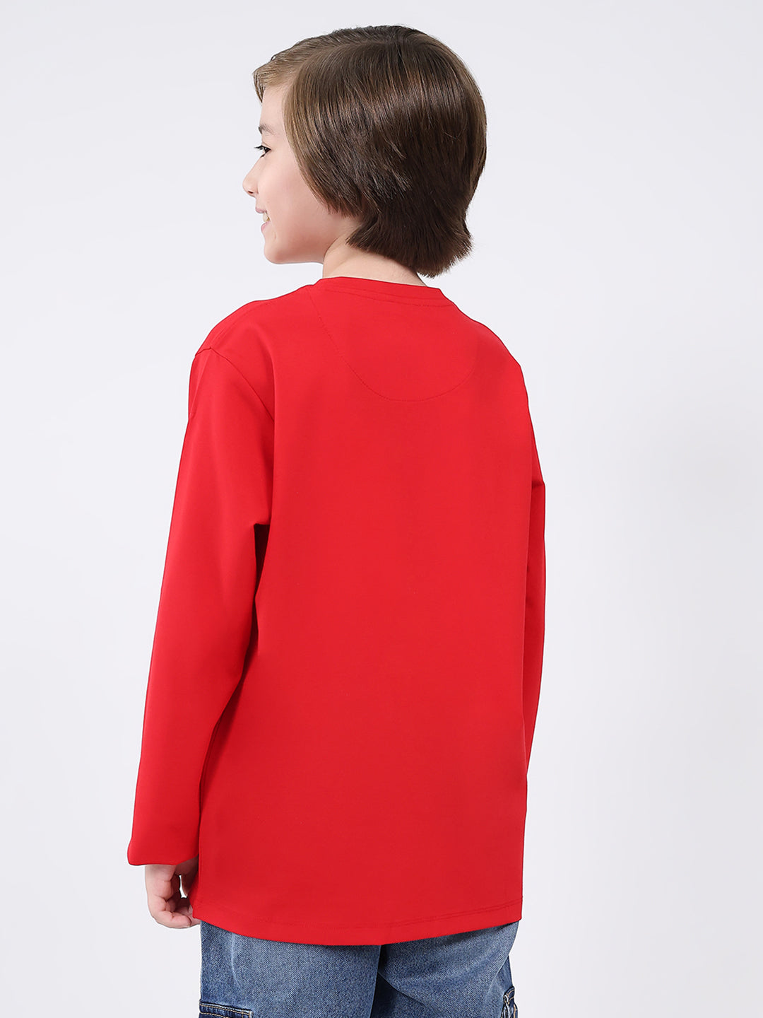 Boys Red Printed Round Neck Full Sleeve Winter T-Shirt