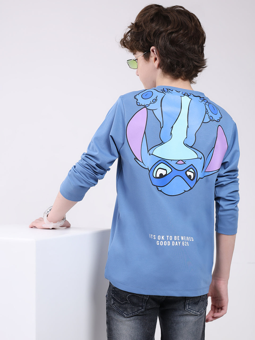 Boys Blue Printed Round Neck Full Sleeve Winter T-Shirt