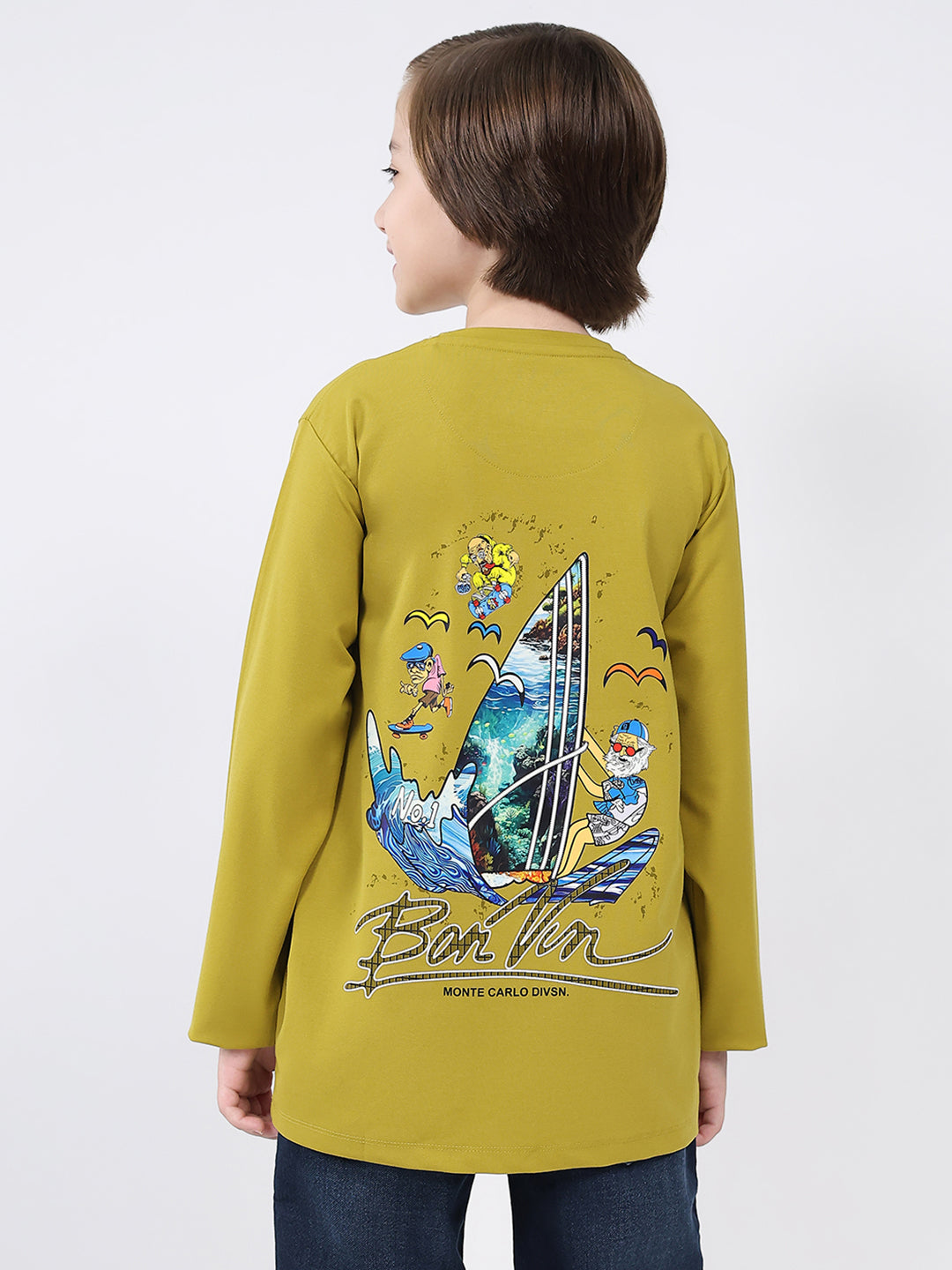 Boys Mustard Printed Round Neck Full Sleeve Winter T-Shirt