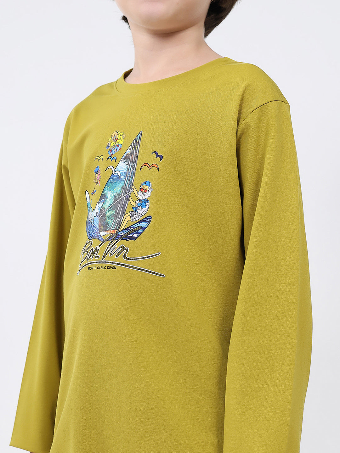 Boys Mustard Printed Round Neck Full Sleeve Winter T-Shirt