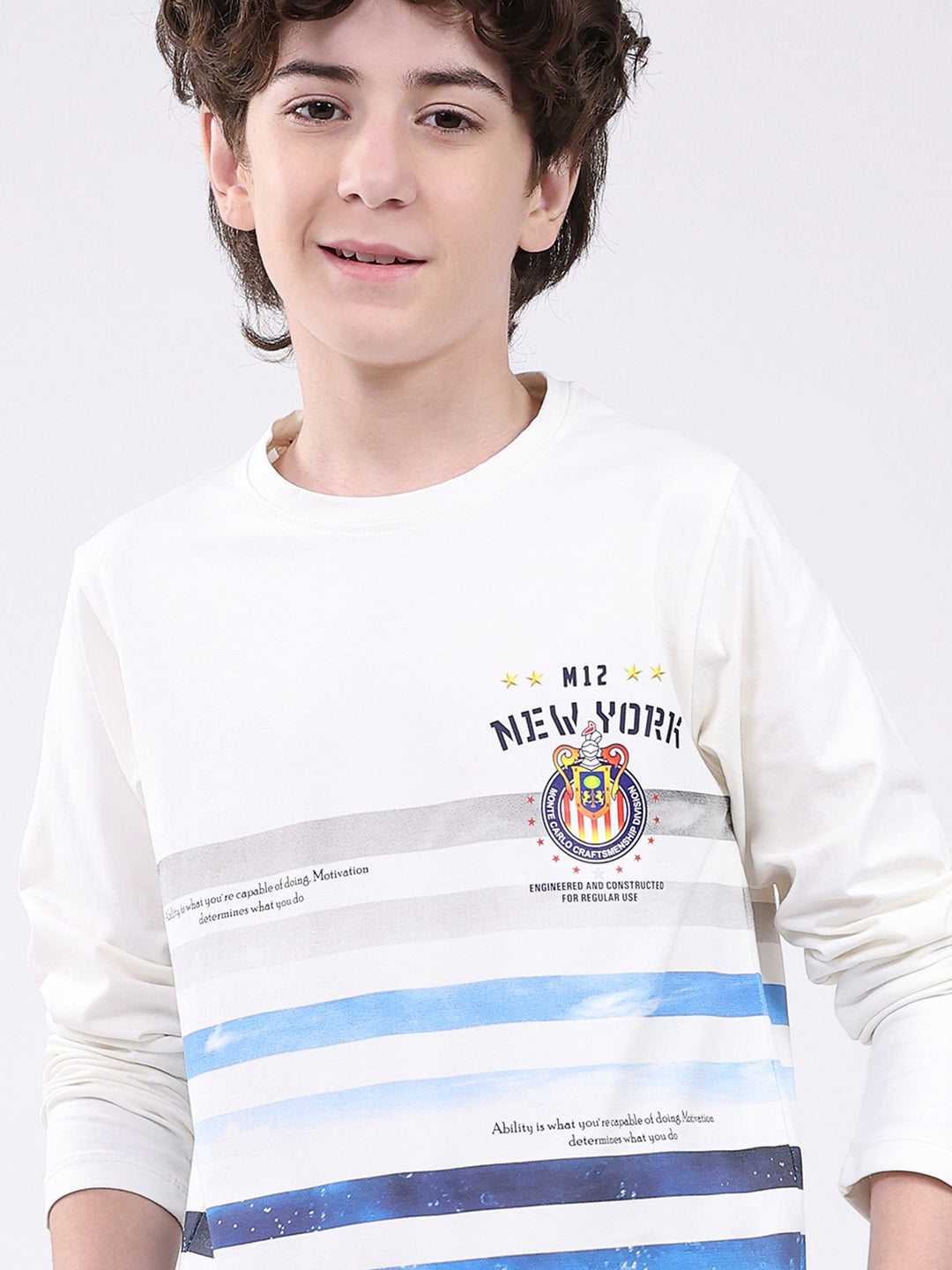 Boys Off White Printed Round Neck Full Sleeve Winter T-Shirt