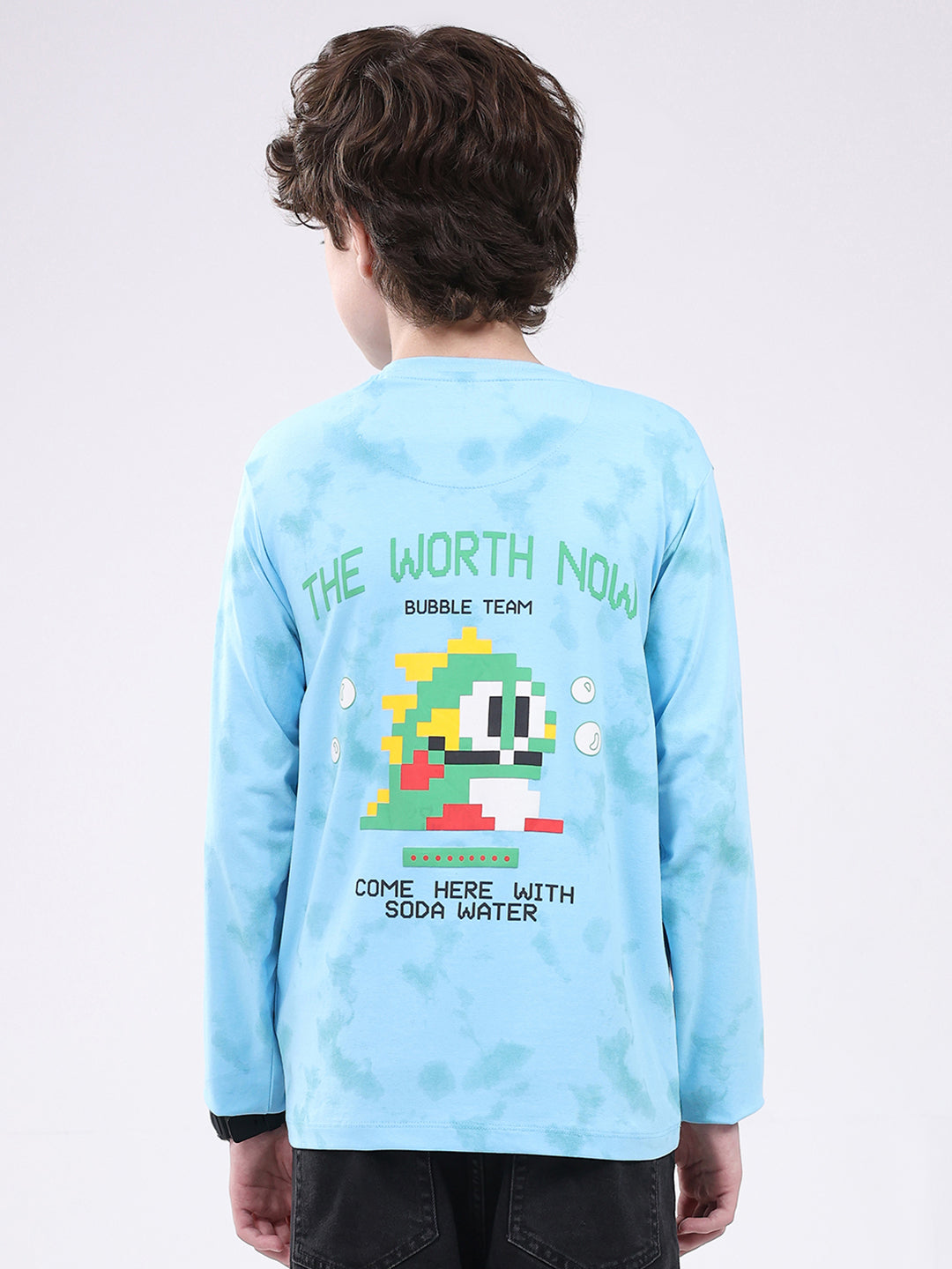 Boys Sky Blue Printed Round Neck Full Sleeve Winter T-Shirt