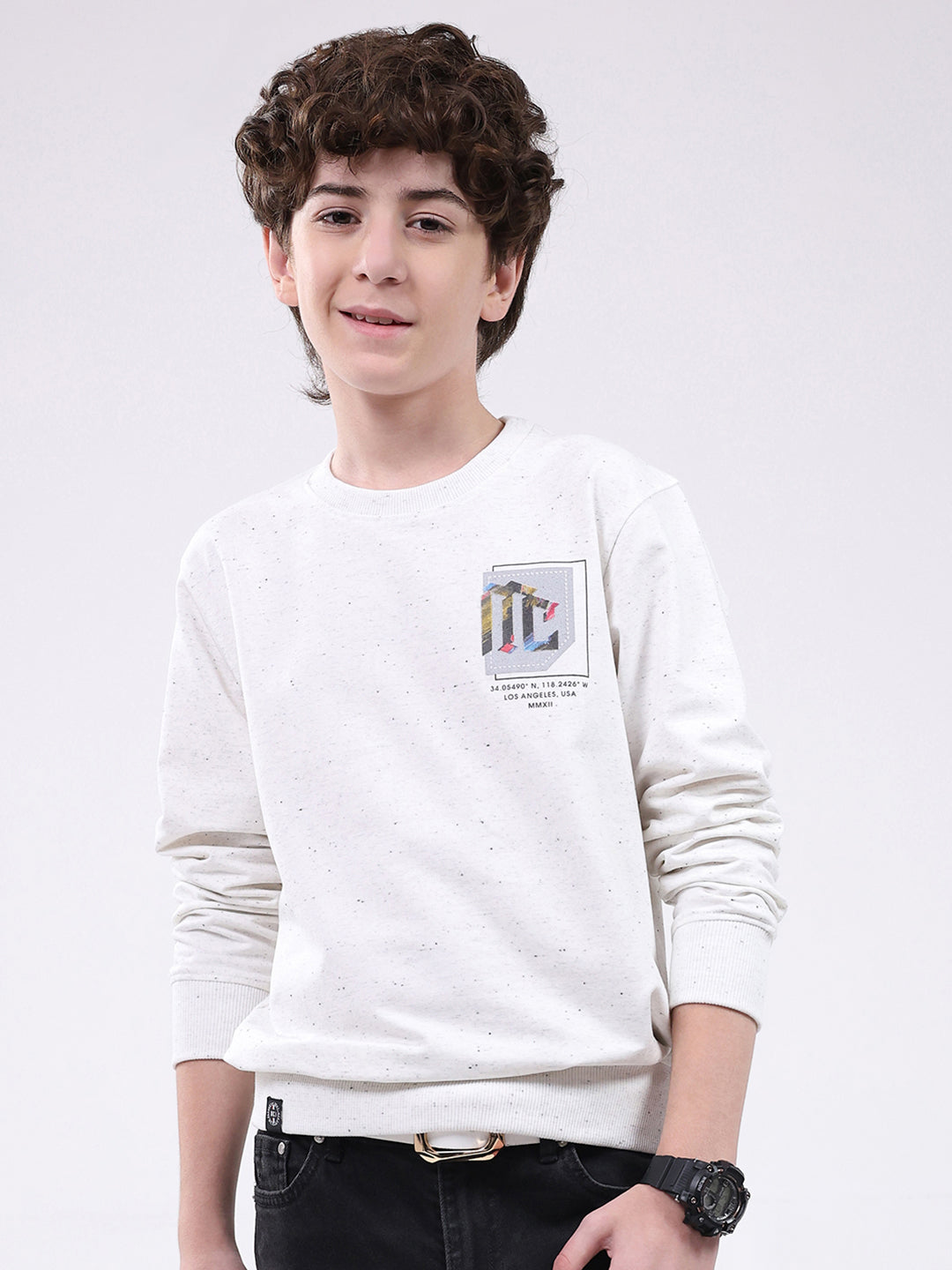 Boys White Printed Round Neck Full Sleeve Winter T-Shirt