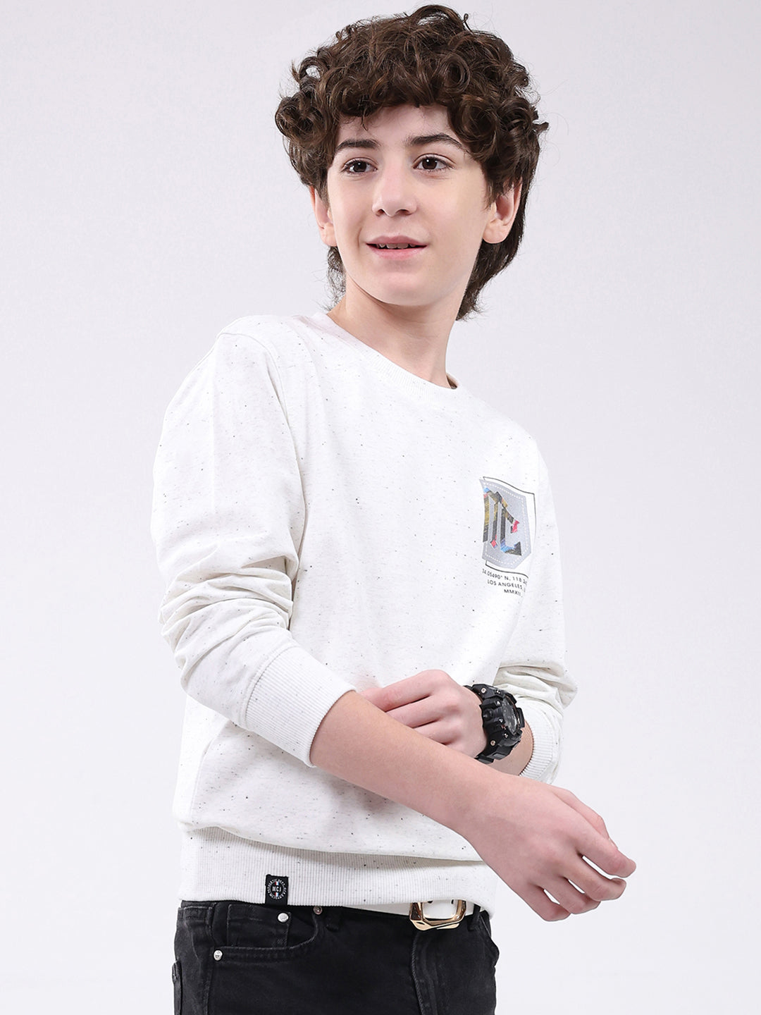 Boys White Printed Round Neck Full Sleeve Winter T-Shirt