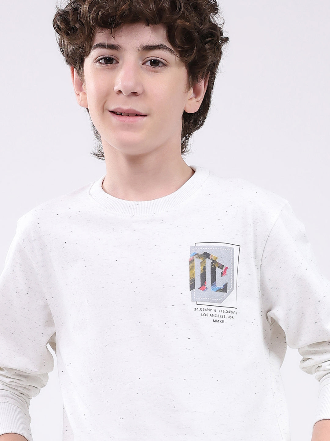 Boys White Printed Round Neck Full Sleeve Winter T-Shirt