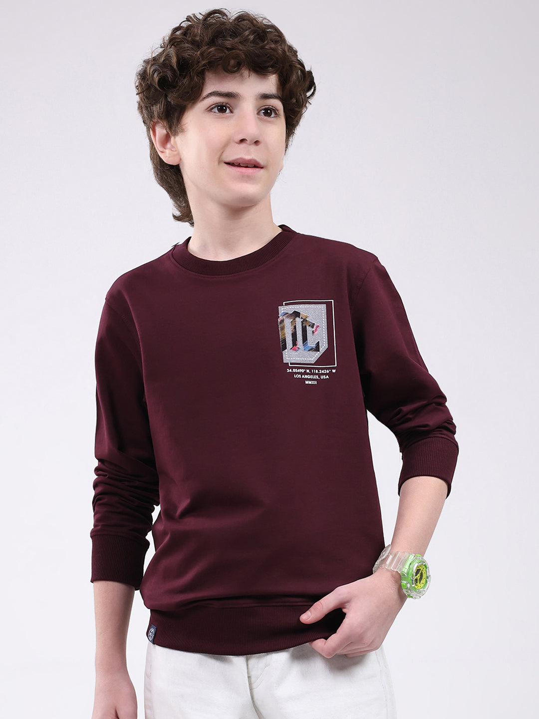 Boys Maroon Printed Round Neck Full Sleeve Winter T-Shirt
