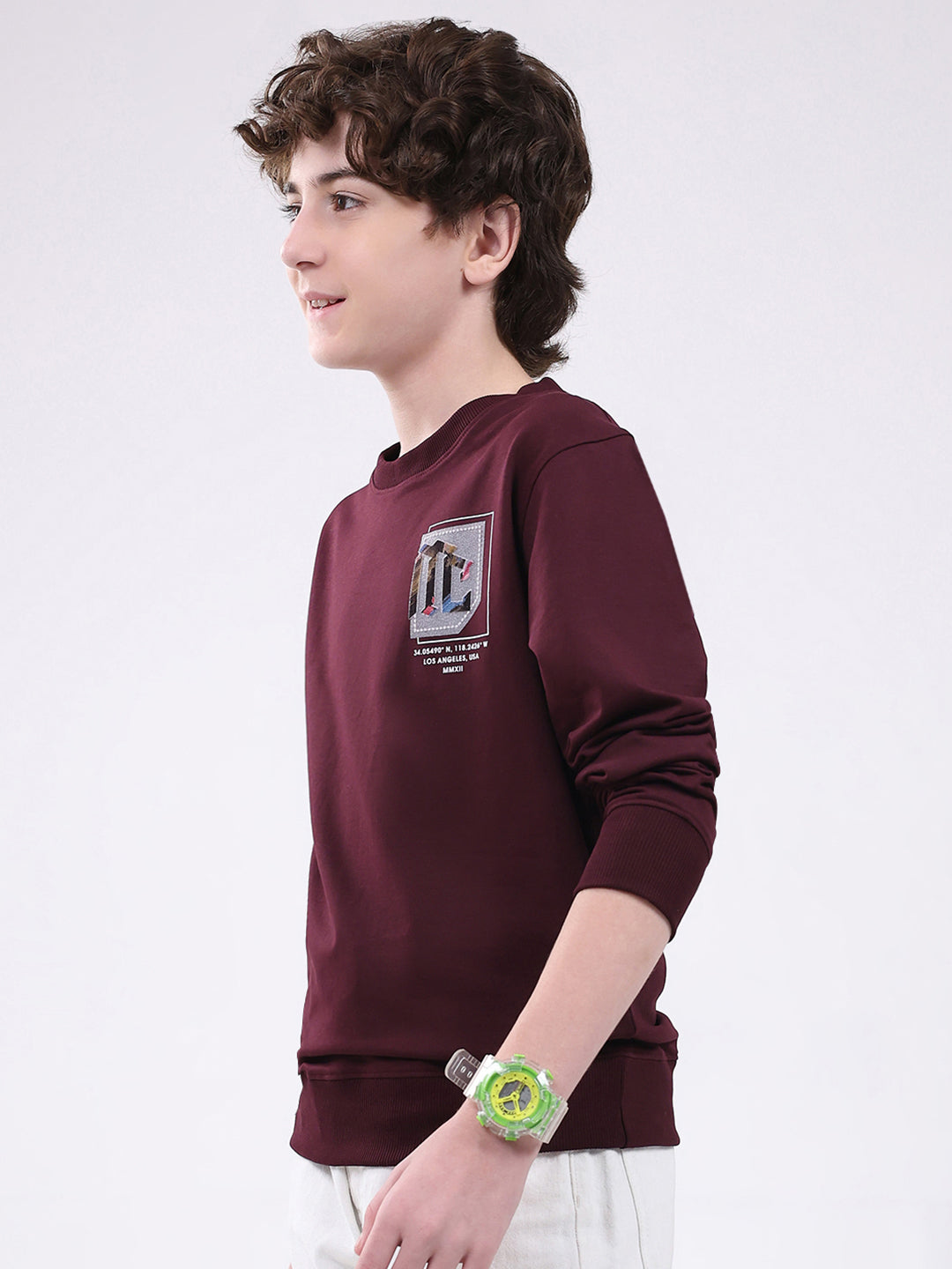 Boys Maroon Printed Round Neck Full Sleeve Winter T-Shirt