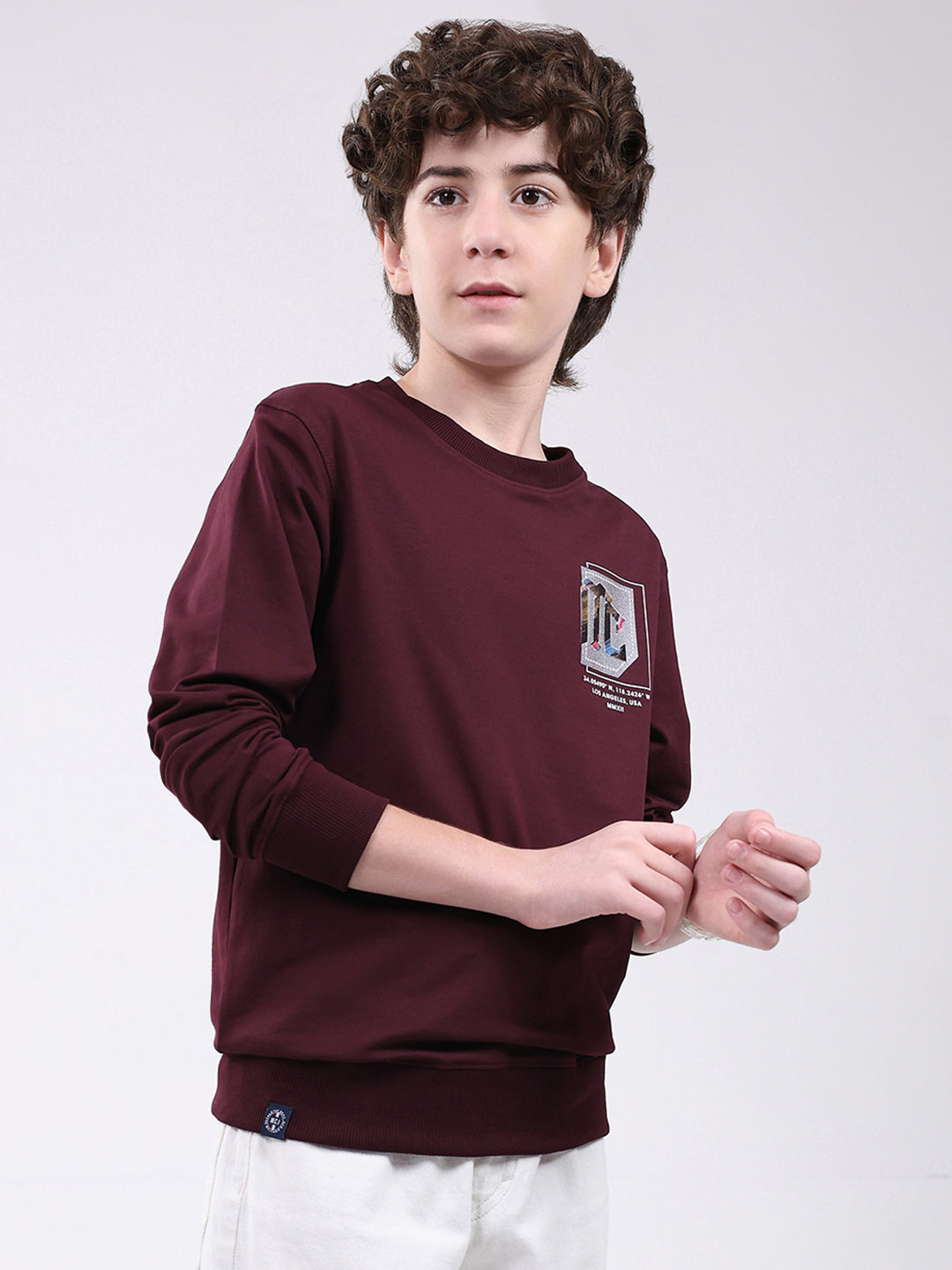 Boys Maroon Printed Round Neck Full Sleeve Winter T-Shirt