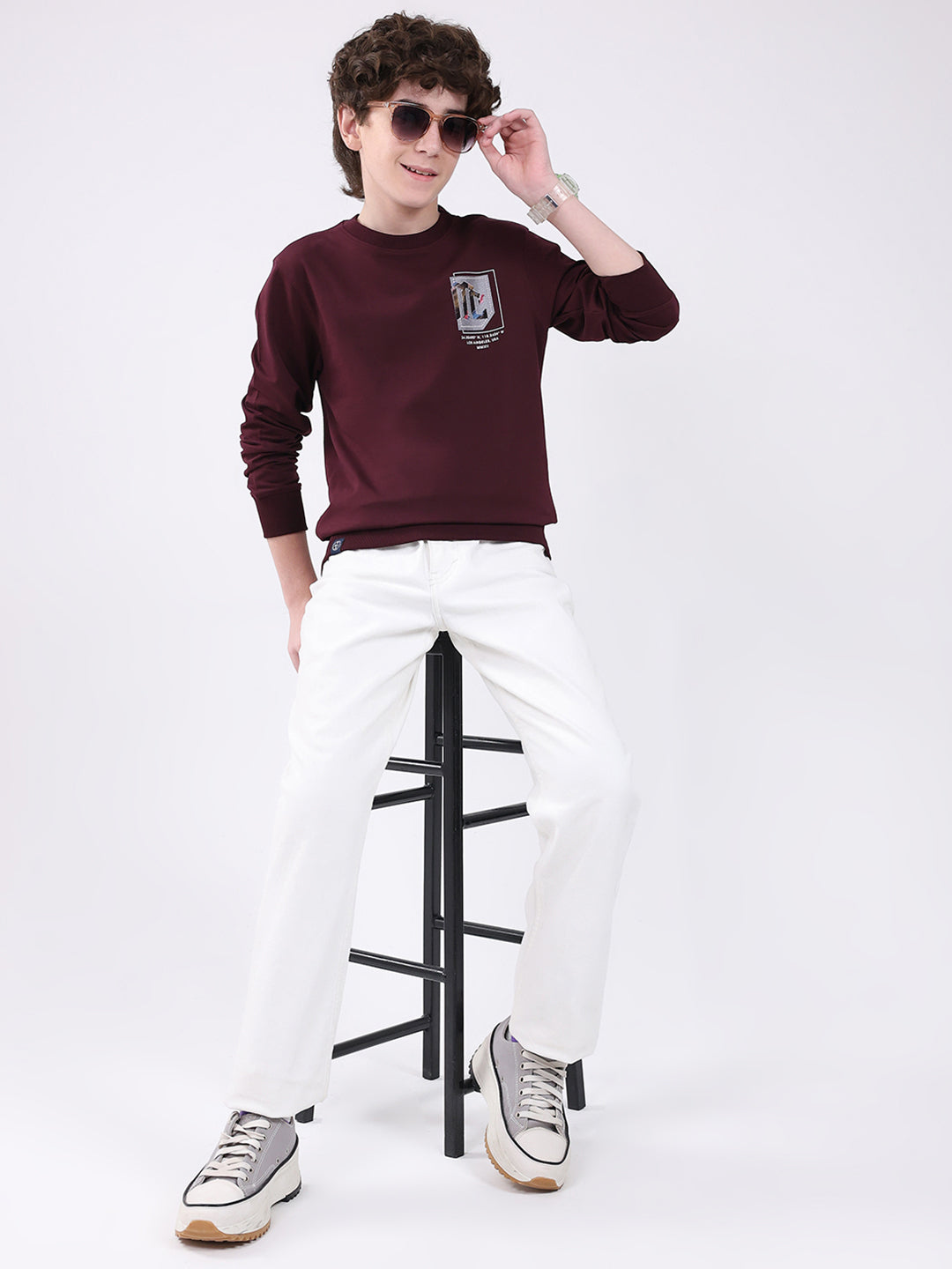 Boys Maroon Printed Round Neck Full Sleeve Winter T-Shirt