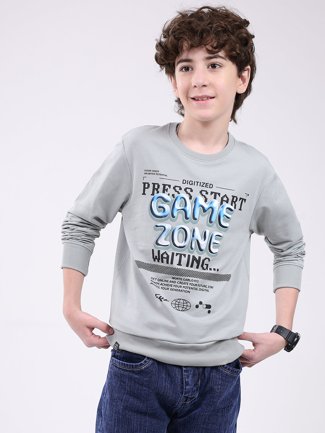 Boys Grey Printed Round Neck Full Sleeve Winter T-Shirt