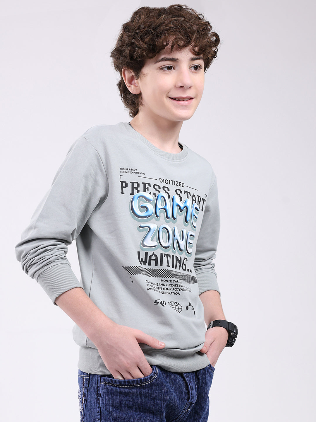 Boys Grey Printed Round Neck Full Sleeve Winter T-Shirt