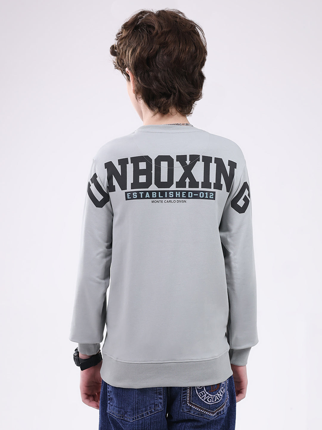 Boys Grey Printed Round Neck Full Sleeve Winter T-Shirt