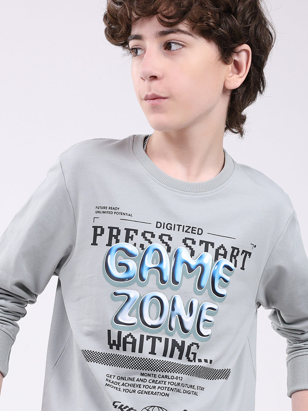 Boys Grey Printed Round Neck Full Sleeve Winter T-Shirt